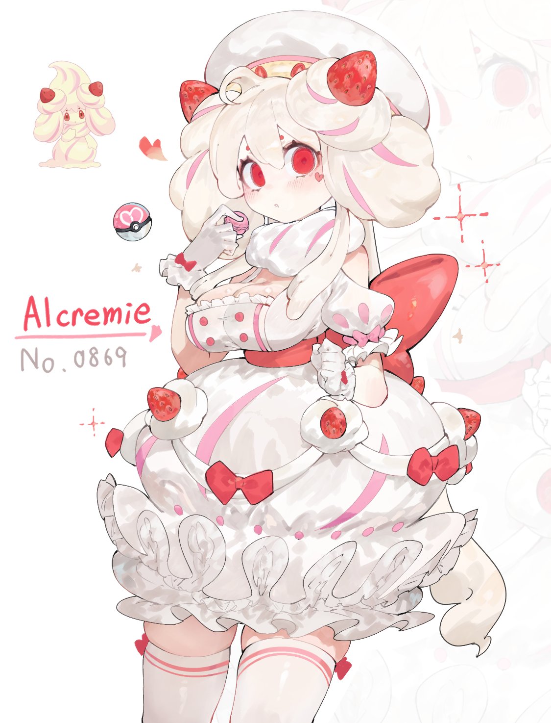 1girls, alcremie, blush, breasts, cleavage, english text, female, female only, generation 8 pokemon, gijinka, gloves, hi res, highlights (coloring), humanoid, looking at viewer, nintendo, pink highlights, pokemon, pokemon (species), red eyes, solo, solo female, text, thighhighs, toge77789, togetoge, white background, white hair, white thighhighs