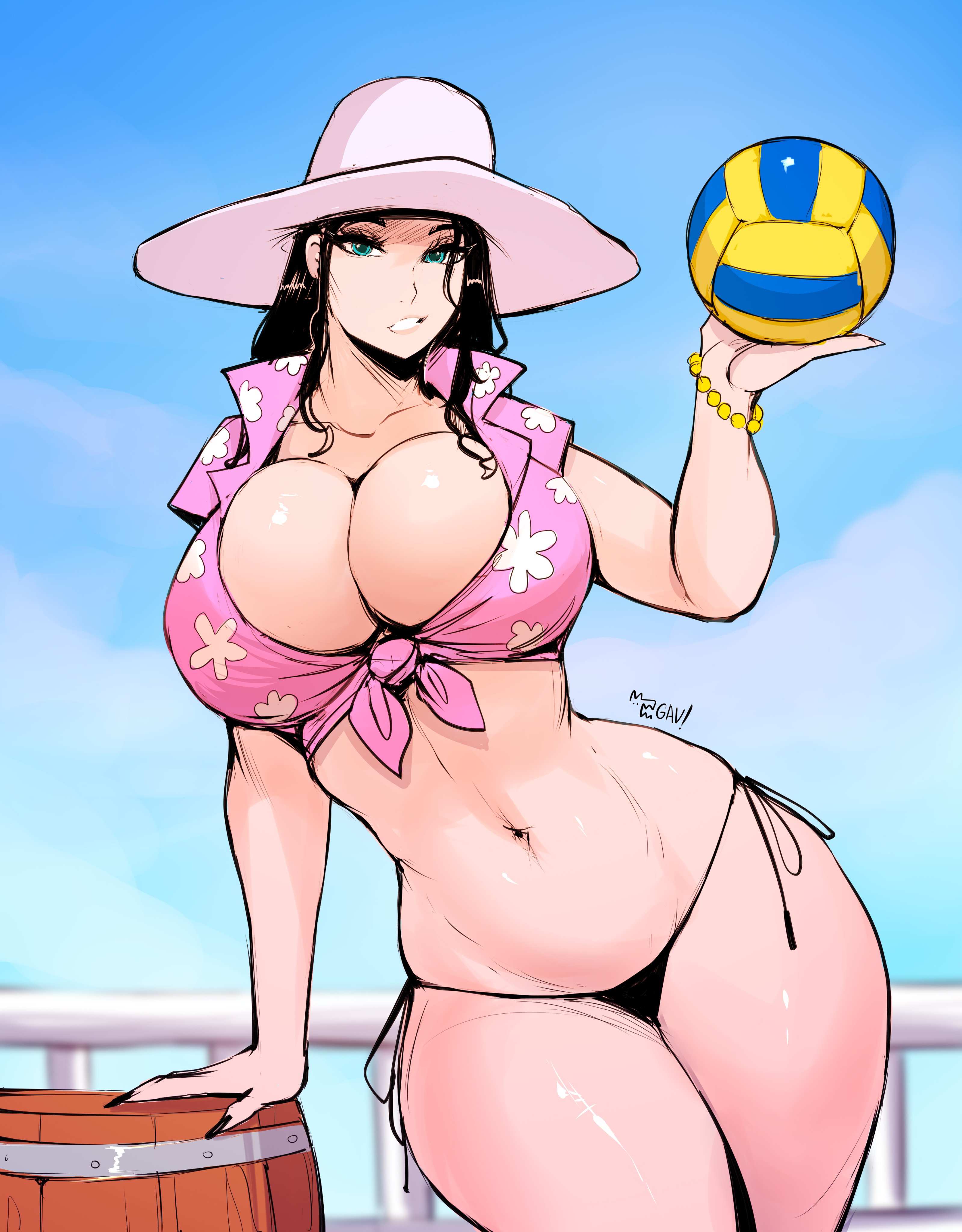 1girls, about to burst, aleksandrgav, ball, barely contained, barely contained breasts, barely fits, big breasts, bikini, black hair, black-haired female, bracelet, breasts, breasts too big, bursting breasts, cleavage, earrings, female, female only, hat, huge breasts, imminent wardrobe malfunction, jewelry, long hair, looking at viewer, navel, nico robin, one piece, solo, straining clothing, swimsuit, thick thighs, thighs, tight bikini, tight clothes, tight clothing, tight fit, tight swimsuit, tight swimwear, too tight, underboob, undersized clothes, undersized clothing