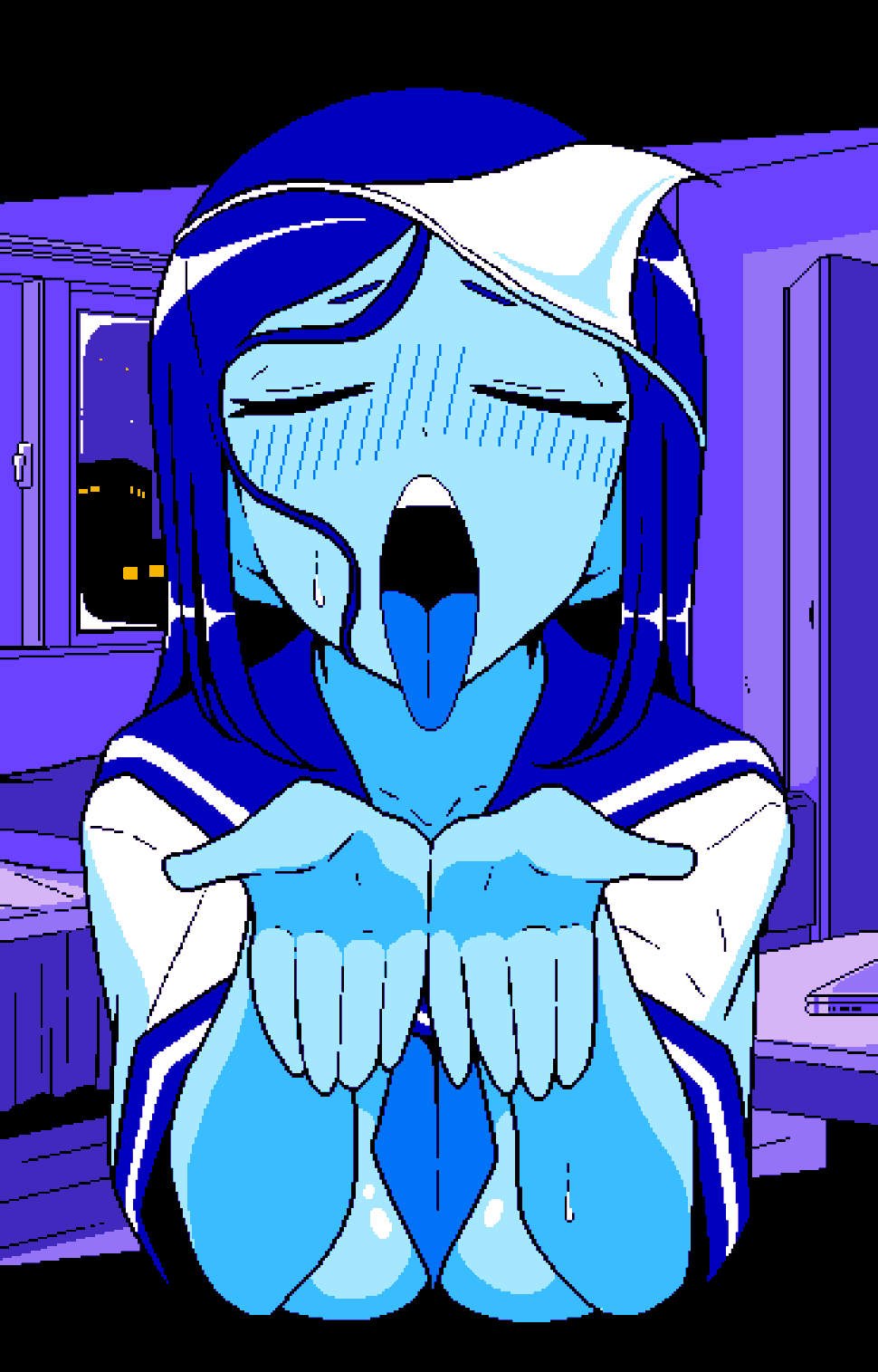 1girls 2d animated blue_body blue_skin blush breasts clothed cupping_hands female game_cg ghost ghost_(jermaneels) ghost_girl headpiece huge_breasts jerkoff_visual_assistance jermaneels long_hair loop looping_animation open_mouth pixel_animation pixel_art sailor_uniform school_uniform shirt_lift strip_rock-paper-scissors_-_ghost_edition tongue tongue_out triangular_headpiece