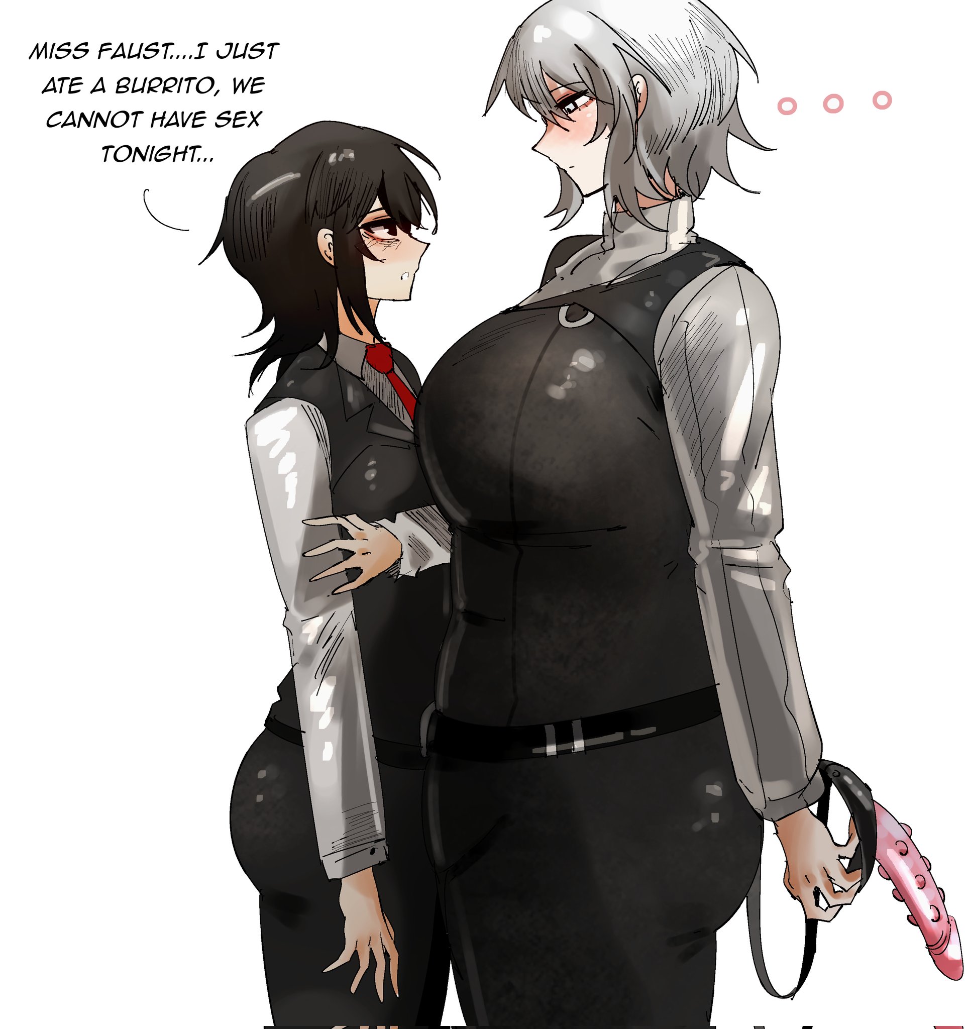 1boy, 1girls, arczaeon, breast press, dialogue, duo, faust (limbus company), female, genderswap, height difference, huge breasts, human, humor, imminent sex, limbus company, male, project moon, rule 63, side view, standing, strap-on, text, yi sang (limbus company)