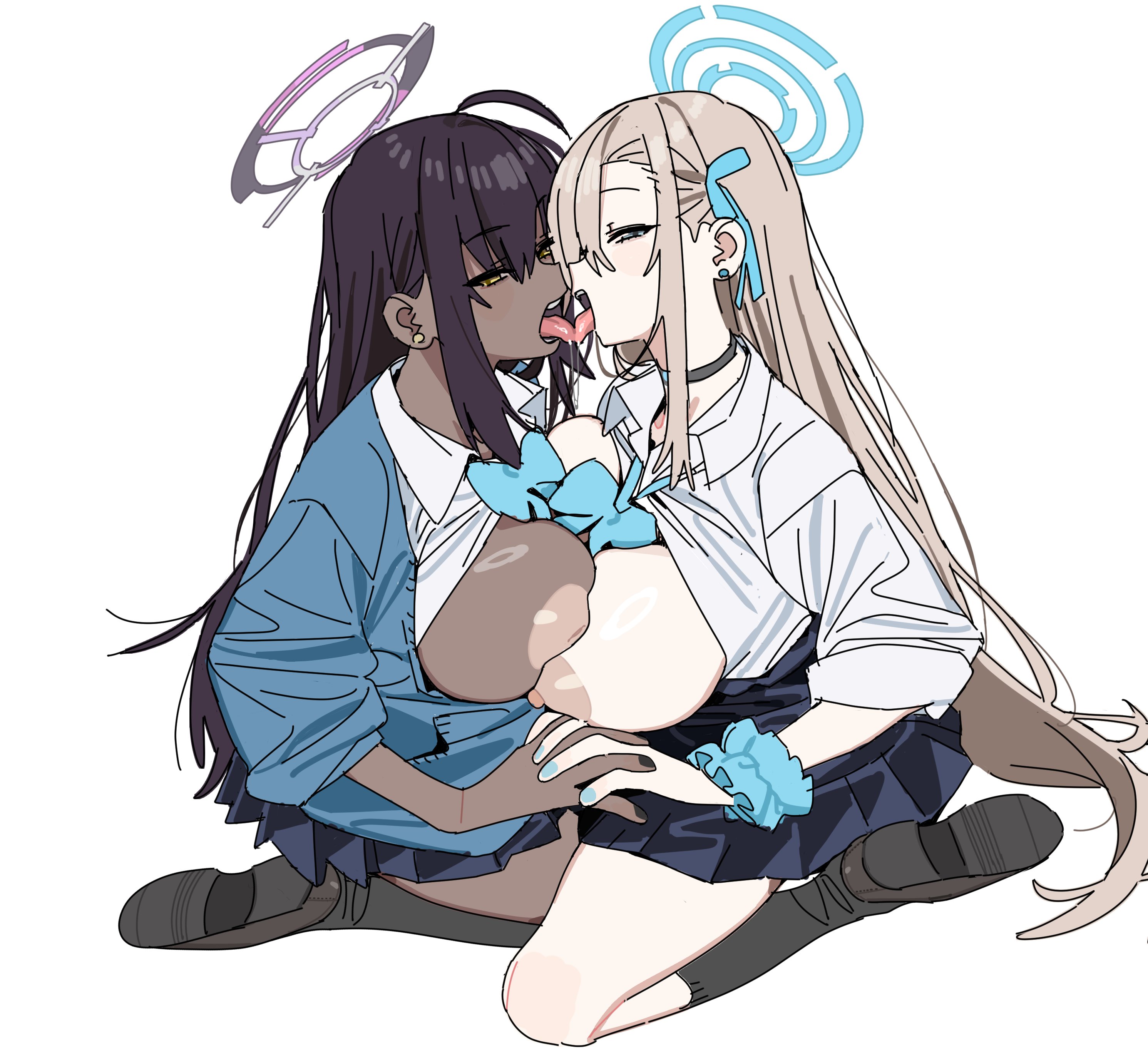 :d, 2girls, absurdres, ahoge, asuna (blue archive), asuna (school uniform) (blue archive), black hair, black nails, black socks, blonde hair, blue archive, blue bow, blue bowtie, blue cardigan, blue eyes, blue halo, blue nails, blue ribbon, bow, bowtie, breast press, breasts, breasts out, brown hair, cardigan, choker, dark skin, dark-skinned female, earrings, french kiss, hair between eyes, hair ribbon, half-closed eyes, halo, highres, holding hands, imamura ryou, interlocked fingers, inverted nipples, jewelry, karin (blue archive), karin (school uniform) (blue archive), kissing, kneehighs, large breasts, lesbian kiss, light nipples, loafers, long hair, looking at viewer, multiple girls, nipples, open mouth, pleated skirt, purple halo, ribbon, saliva, school uniform, scrunchie, seiza, shirt, shoes, simple background, sitting, skirt, smile, socks, symmetrical docking, teeth, tongue, tongue out, very long hair, wariza, white background, white shirt, wrist scrunchie, yellow eyes, yuri