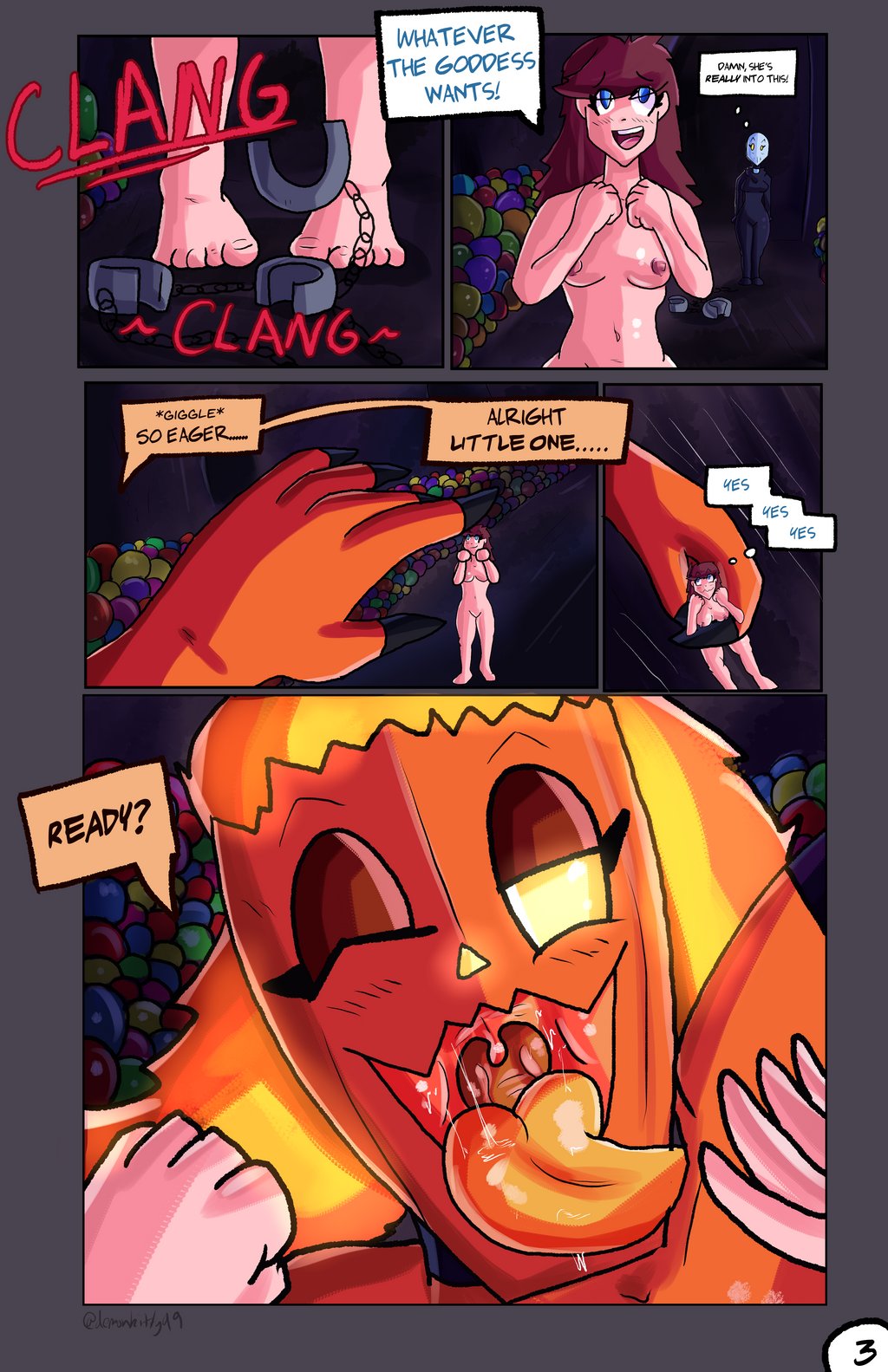 2d 2d_(artwork) 2d_artwork 3girls anthro belly black_clothing black_nails blue_eyes breasts brown_hair castle_background comic comic_page demonkitty demonkitty99 dialog dialogue dialogue_bubble dungeon dungeon_background eaten_alive female female_anthro female_focus female_human female_monster female_only fully_clothed fully_clothed_female fully_naked fully_naked_female fully_nude fully_nude_female giantess giantess_vore goddess gold_bracelet gold_jewelry grabbing halloween hips human human_female inside_mouth jackie_(demonkitty) long_nails lying lying_on_floor macro macro_female macrophilia mask masked masked_female mawshot micro_female monster monster_girl mouth mouth_play mouth_shot naked naked_female nipples nude nude_female oc open_mouth orange_body orange_breasts orange_hair orange_mouth orange_skin orange_tongue original_character pov pred predator/prey prey prey_pov priest pumpkin_girl pumpkin_head saliva saliva_string salivating sharp_nails sharp_teeth size_difference size_fetish slave slave_girl thick thighs throat tongue tongue_out vore vore_comic white_skin willing_female willing_pred willing_prey willing_vore wink winking winking_at_viewer winking_eye yellow_eyes