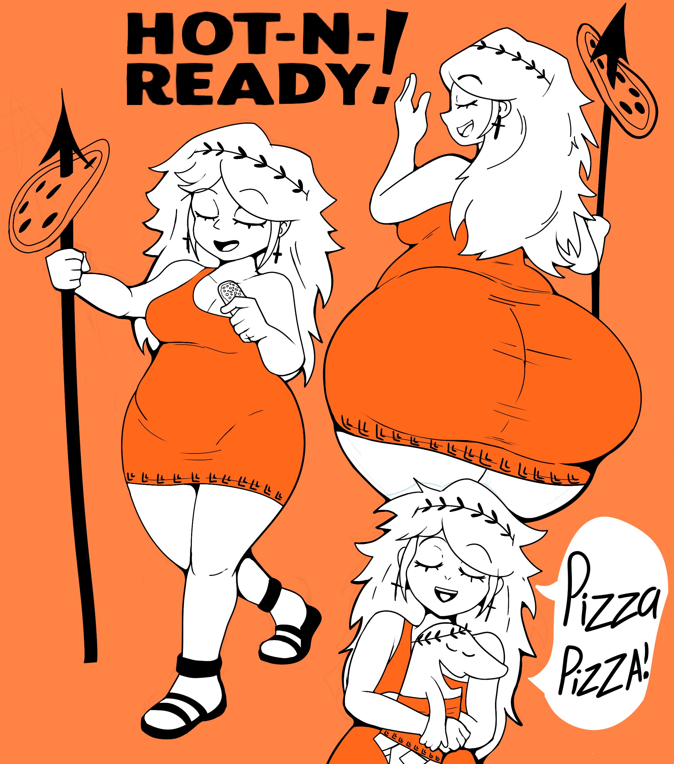 1boy, 1girls, ass, barely contained, barely contained ass, big ass, big butt, big cleopatra, cpt-pop, english text, fat ass, fat butt, holding spear, holding weapon, huge ass, huge butt, large ass, large butt, laurel crown, little caesar, little caesars, nickben12, orange dress, orange theme, pear shaped, pear shaped female, pear-shaped figure, pizza, sandals, speaking, spear, stretched clothing, stretching, talking, taller female, text, thin eyebrows, toga, weapon