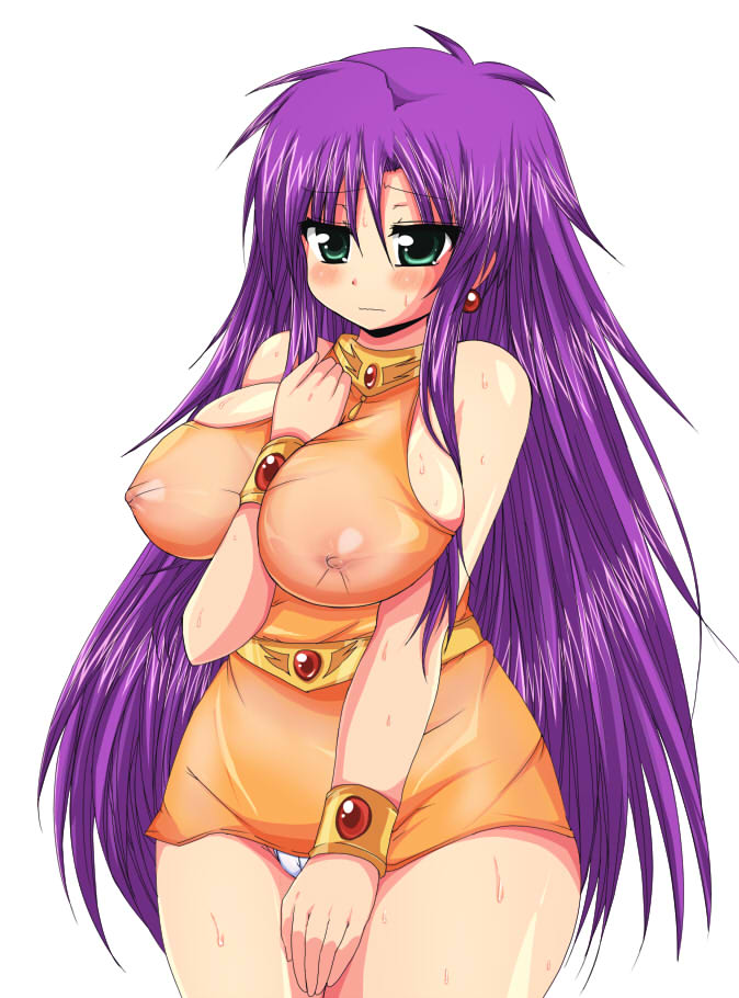 afuro bare_shoulders big_breasts blush breasts cosplay earrings faris_scherwiz female female_only final_fantasy final_fantasy_five final_fantasy_v green_eyes human jewelry large_breasts lenna_charlotte_tycoon lenna_charlotte_tycoon_(cosplay) long_hair panties pantyshot purple_hair see-through sideboob solo sweat underwear white_panties wristband