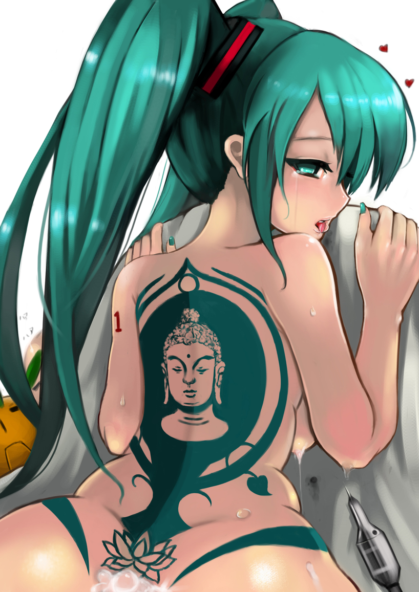 after_sex aqua_nails bare_back bare_shoulders buddha cum cum_on_ass female green_eyes green_hair hatsune_miku heart long_hair mr_chwadee nail_polish needle nude out-of-frame_censoring public_domain sex solo tattoo tears tied_hair tongue twintails vocaloid