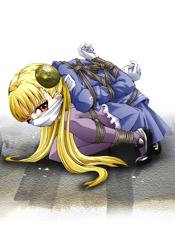 1girls atelier_hachifukuan blonde_hair bondage bound bound_legs bound_wrists box_tie capcom capcom_fighting_evolution capcom_fighting_jam female gag gagged ingrid_(capcom) nipples over_the_mouth_gag over_the_nose_gag pantyhose wince