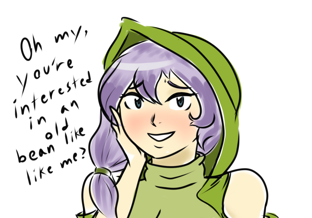 anthropomorphic bean-mom_(cyberia-draws) blue_eyes blush breasts english english_text franktonius gray_eyes green_beans green_clothes green_clothing grey_eyes mature_female milf personification purple_eyebrows purple_hair smile speaking speaking_to_viewer talking talking_to_viewer teeth_showing teeth_visible text turtleneck