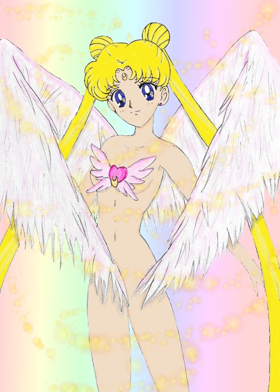 angel artist_request bishoujo_senshi_sailor_moon blonde_hair blue_eyes convenient_censoring female long_hair looking_at_viewer nude princess_serenity sailor_moon solo straight_hair usagi_tsukino wings