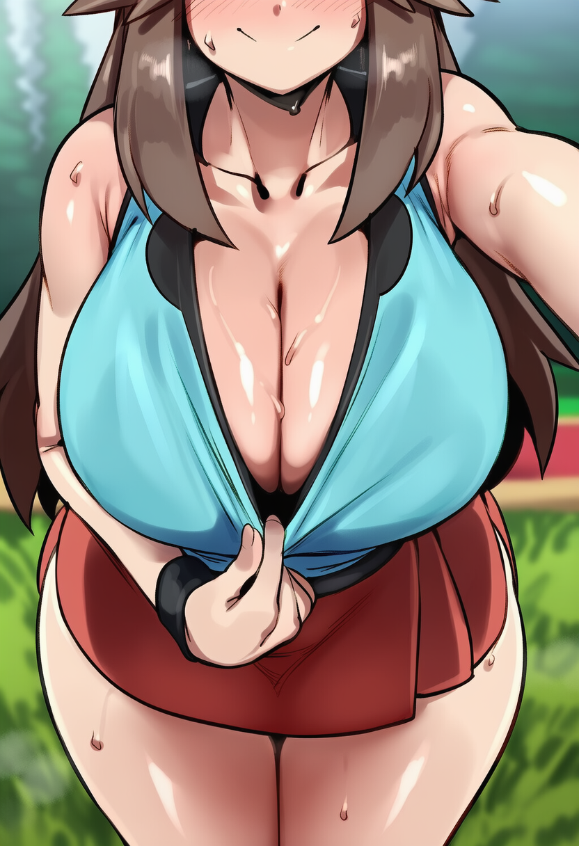 1girls, ai generated, big breasts, blush, breasts focus, cleavage, cleavage focus, cleavage pull, female, female only, game freak, hand on hip, head out of frame, huge breasts, leaf (pokemon), leaning forward, light-skinned female, nintendo, pokemon, seductive smile, smile, solo female, standing, sweaty body, tagme, thick thighs, wide hips