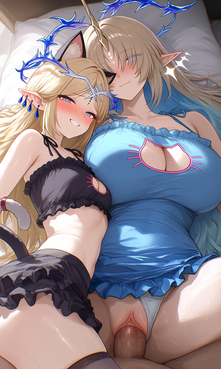 1boy, 2girls, age difference, ai, ai art, ai assisted, ai generated, ai-created, belly button, blush, breasts, cartethyia (wuthering waves), cat cutout, cat ears, cat tail, catgirl, cleavage cutout, clothing cutout, cuckquean, dark-skinned male, female, fleurdelys (wuthering waves), hair over eyes, impacter, in front of daughter, in front of girlfriend, looking at viewer, male, milf, missionary position, mother and daughter, multiple girls, nose blush, on back, on bed, panties, panties aside, penis, vaginal penetration, wuthering waves