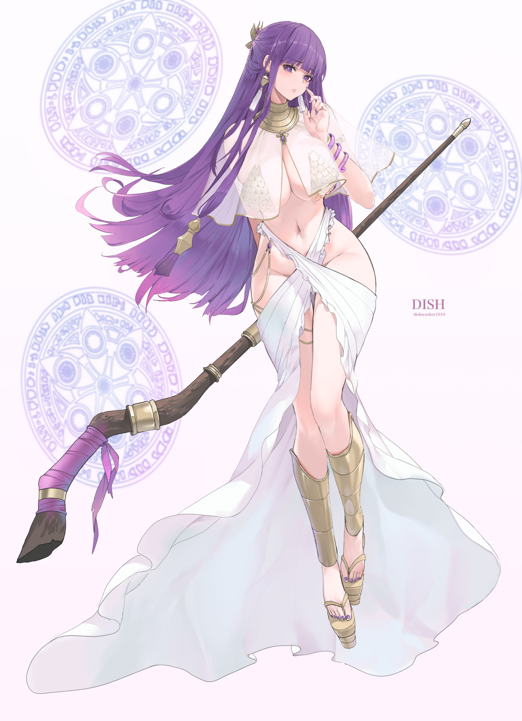 breasts, dishwasher1910, earrings, female, female focus, fern (sousou no frieren), gradient background, holding, holding staff, holding weapon, huge breasts, jewelry, long hair, looking at viewer, partially undressed, purple eyes, solo, solo focus, sousou no frieren, staff, staff (weapon), weapon