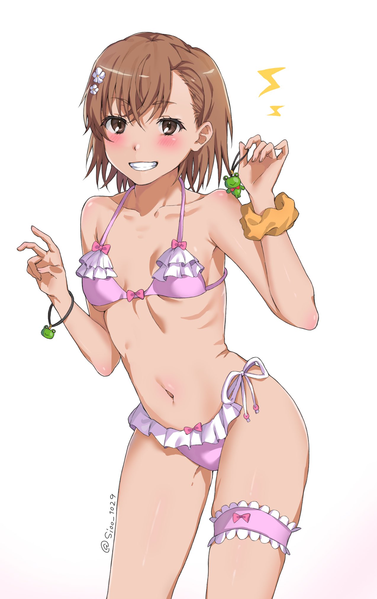 blush, frilled bikini, gekota, grin, keychain, misaka mikoto, petite, ribs, scrunchie, sioo 1029, skinny, small breasts, smile, thigh strap, to aru kagaku no railgun, to aru majutsu no index