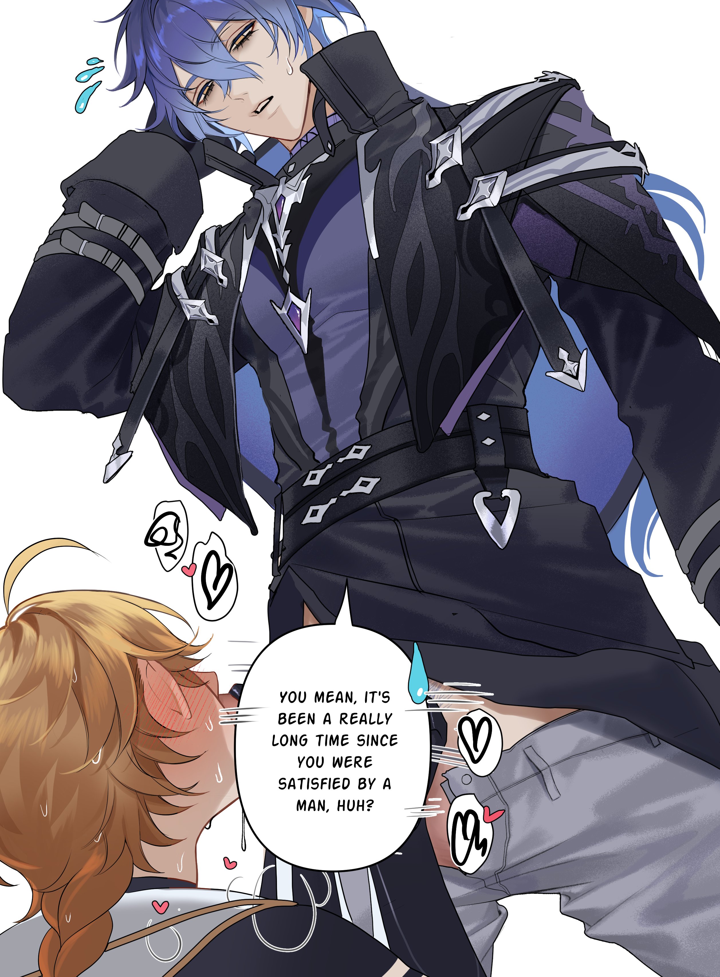 aether (genshin impact), blowjob, censored, flins (genshin impact), gay, gay blowjob, gay male, genshin impact, licking penis, pnk crow, sucking penis