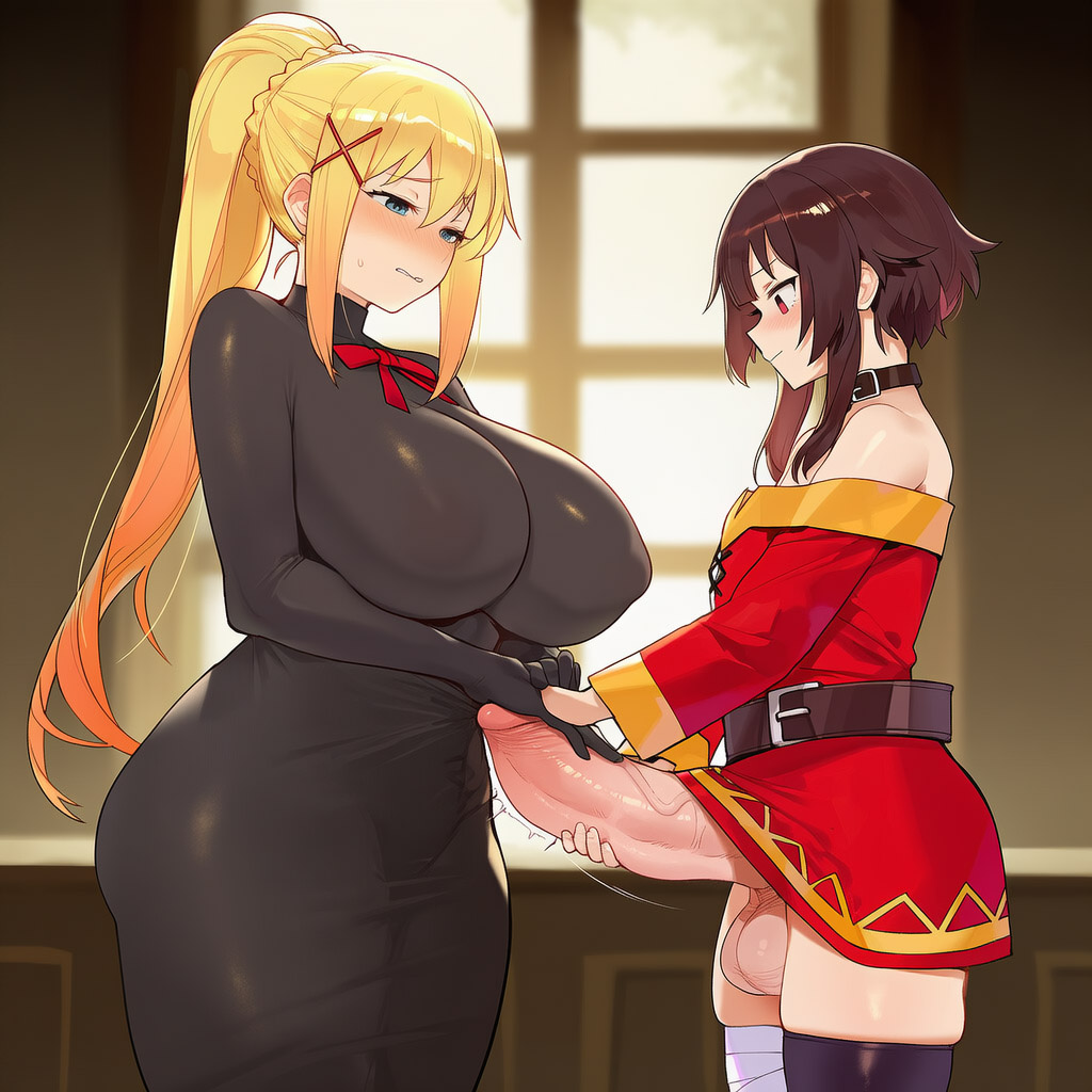2girls, ai generated, aqua (konosuba), bare shoulders, belt, blonde hair, blue eyes, blush, breasts, brown hair, covered nipples, darkness (konosuba), dress, erection, futa with female, futa with futa, futanari, hair ornament, handjob, kono subarashii sekai ni shukufuku wo!, long hair, megumin, multiple girls, penis, ponytail, precum, racerai, red dress, red eyes, short hair, testicles, thighhighs, veins, veiny penis, x hair ornament