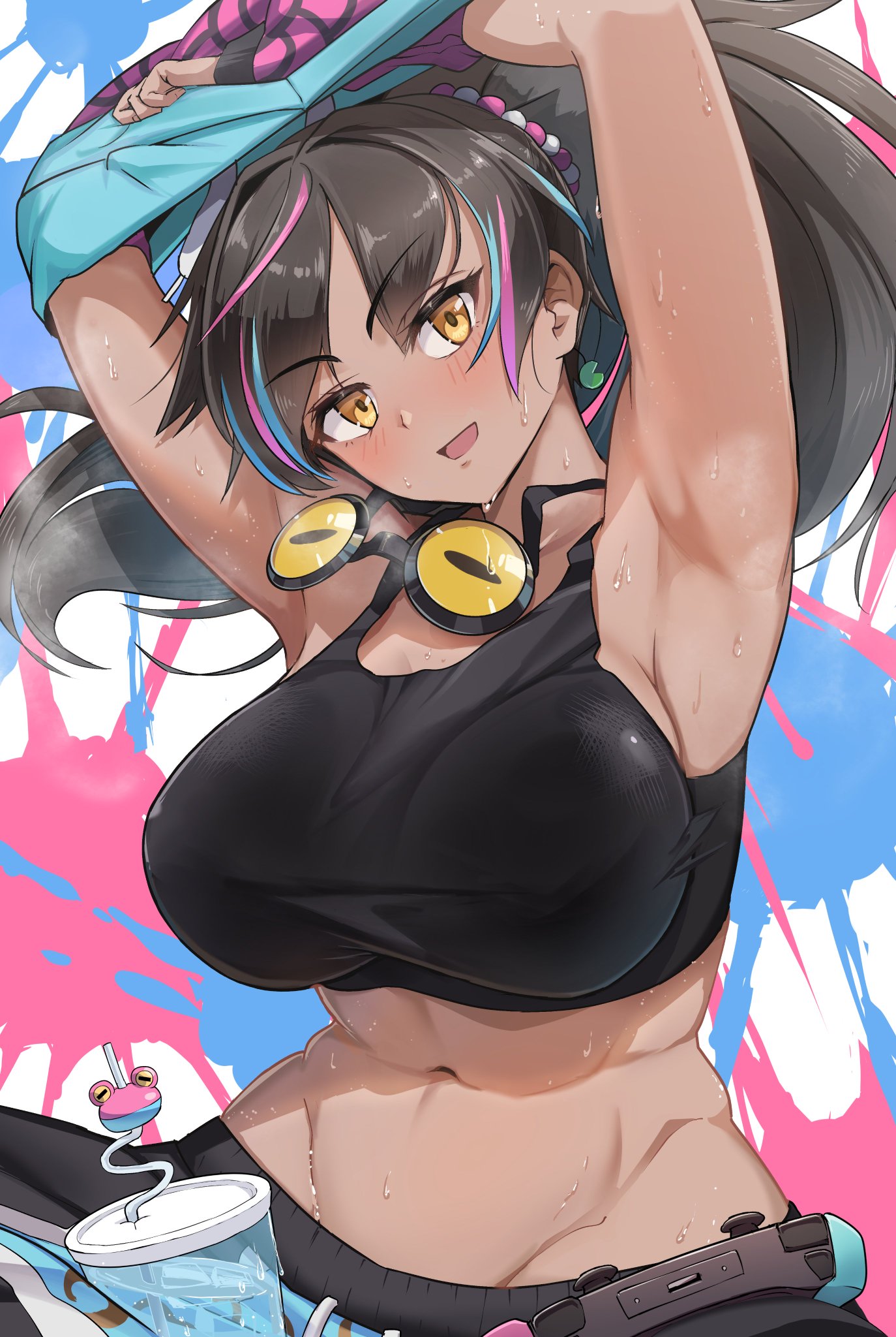 abs, armpits, arms up, big breasts, breasts, clothing, drink, female, gamer, goggles, neon harper, nonbinary, ponytail, shorts, sports bra, sweaty, sweaty abs, sweaty armpits, sweaty body, tan body, tan skin, tomboy, virtual youtuber, workout, workout clothes, yellow eyes