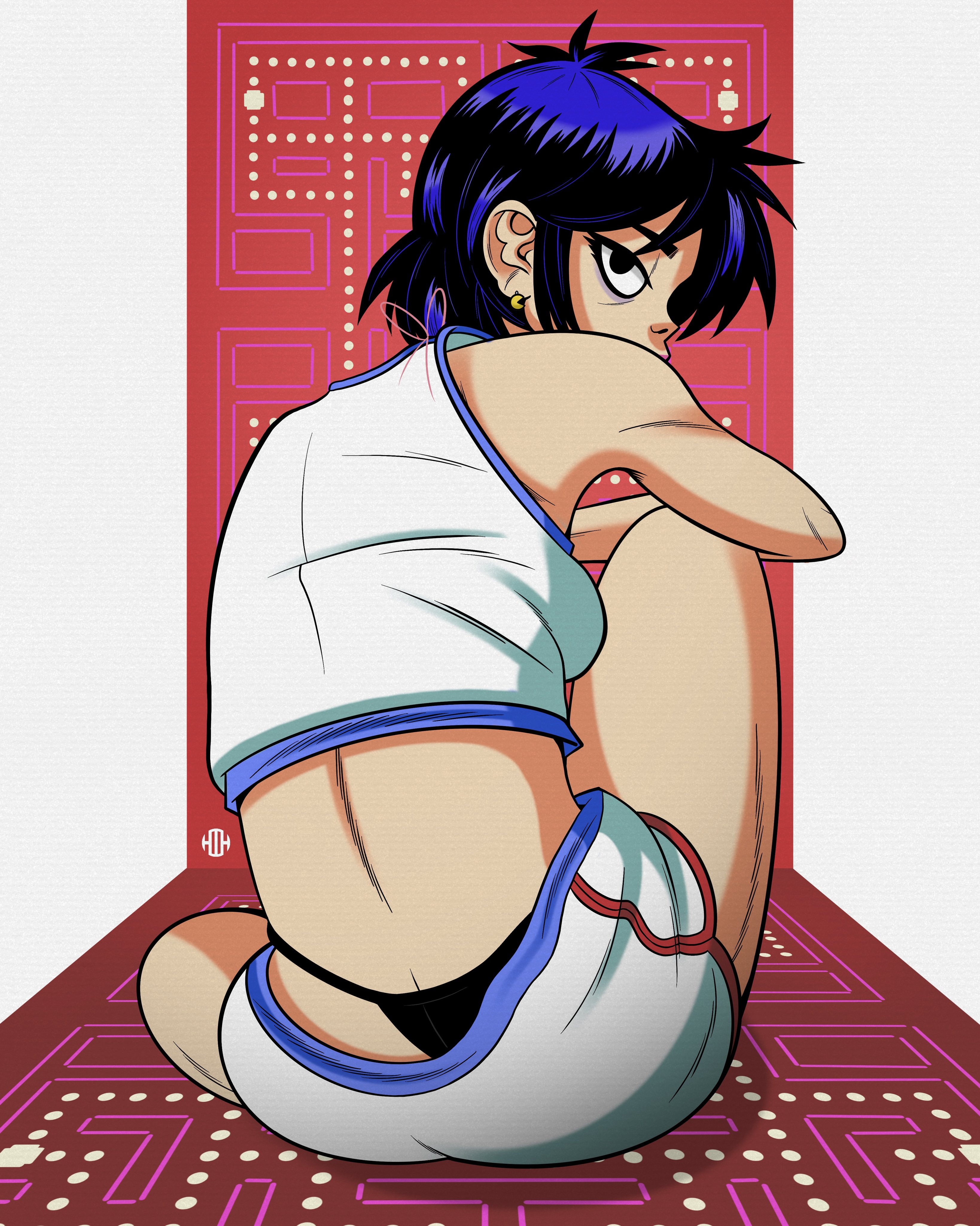 asian, asian female, ass, back view, female, female focus, female only, gorillaz, harrisartz, japanese, japanese female, noodle (gorillaz), noodle (pac-man), panties