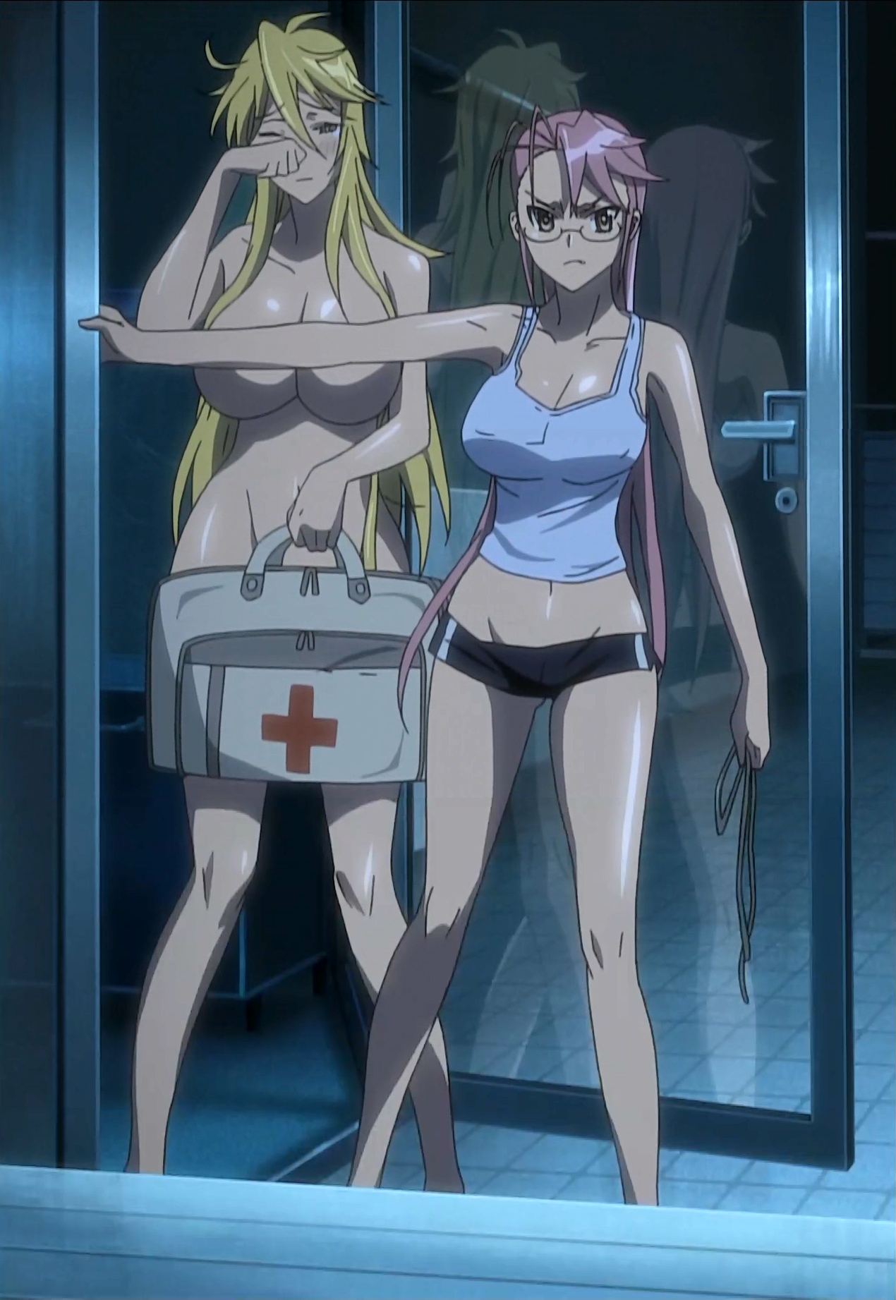 ahoge, bag, blonde hair, blush, breasts, cap, casual, cleavage, convenient censoring, cute fang, female, first aid kit, glasses, highres, highschool of the dead, hotd, human, long hair, nude, pale skin, pink hair, reflection, ribbon, saya takagi, screencap, shizuka marikawa, stitched, tsundere, voluptuous