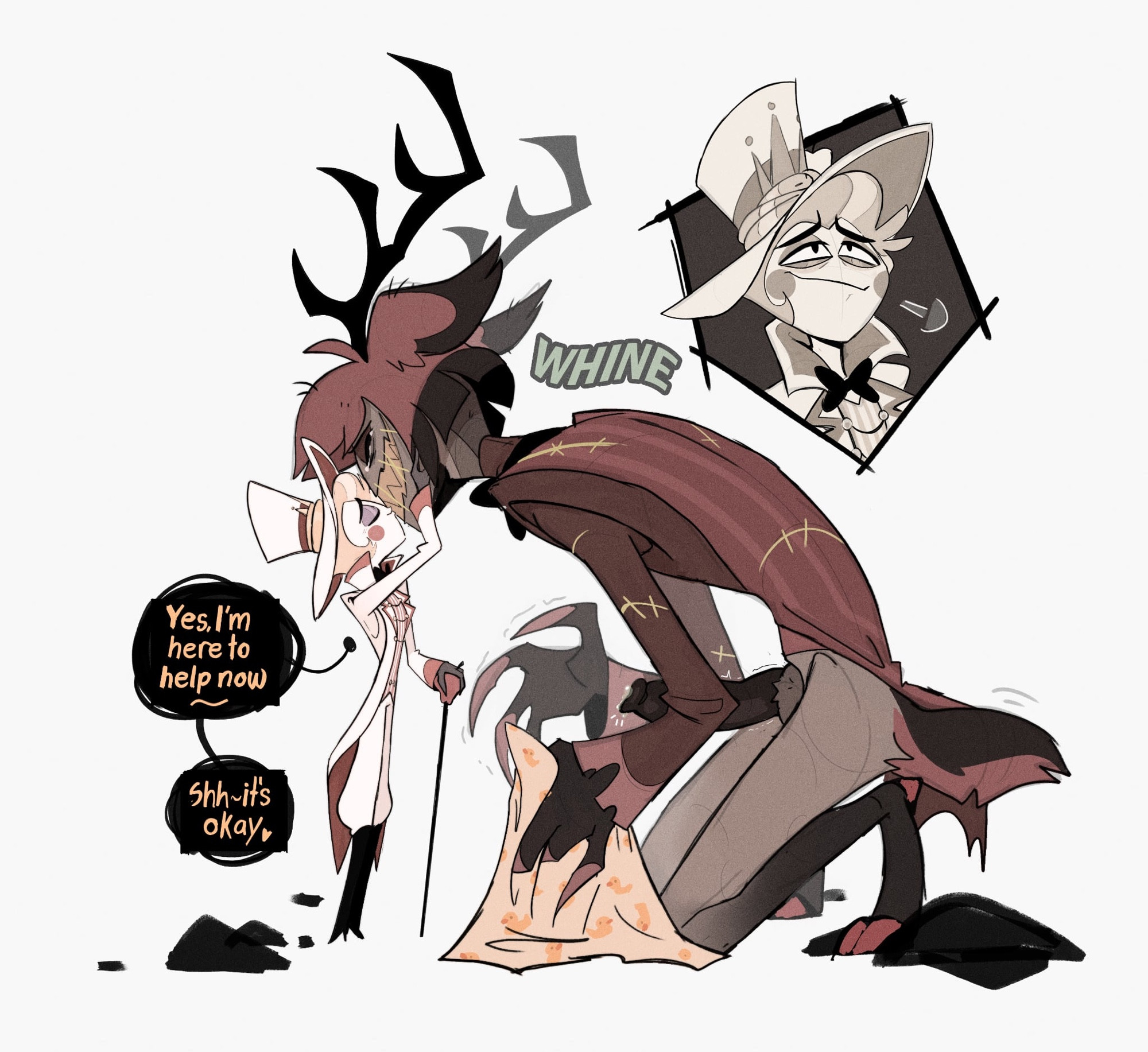 2boys, alastor (hazbin hotel), animal ears, animal tail, antlers, big penis, bottomless, claws, closed eyes, clothed, craxkers, crying, english, english text, gay, hat, hazbin hotel, heart, huge cock, in heat, kissing, lucifer morningstar (hazbin hotel), male only, massive penis, monster, monster cock, penis, sharp teeth, size difference, wholesome, yaoi