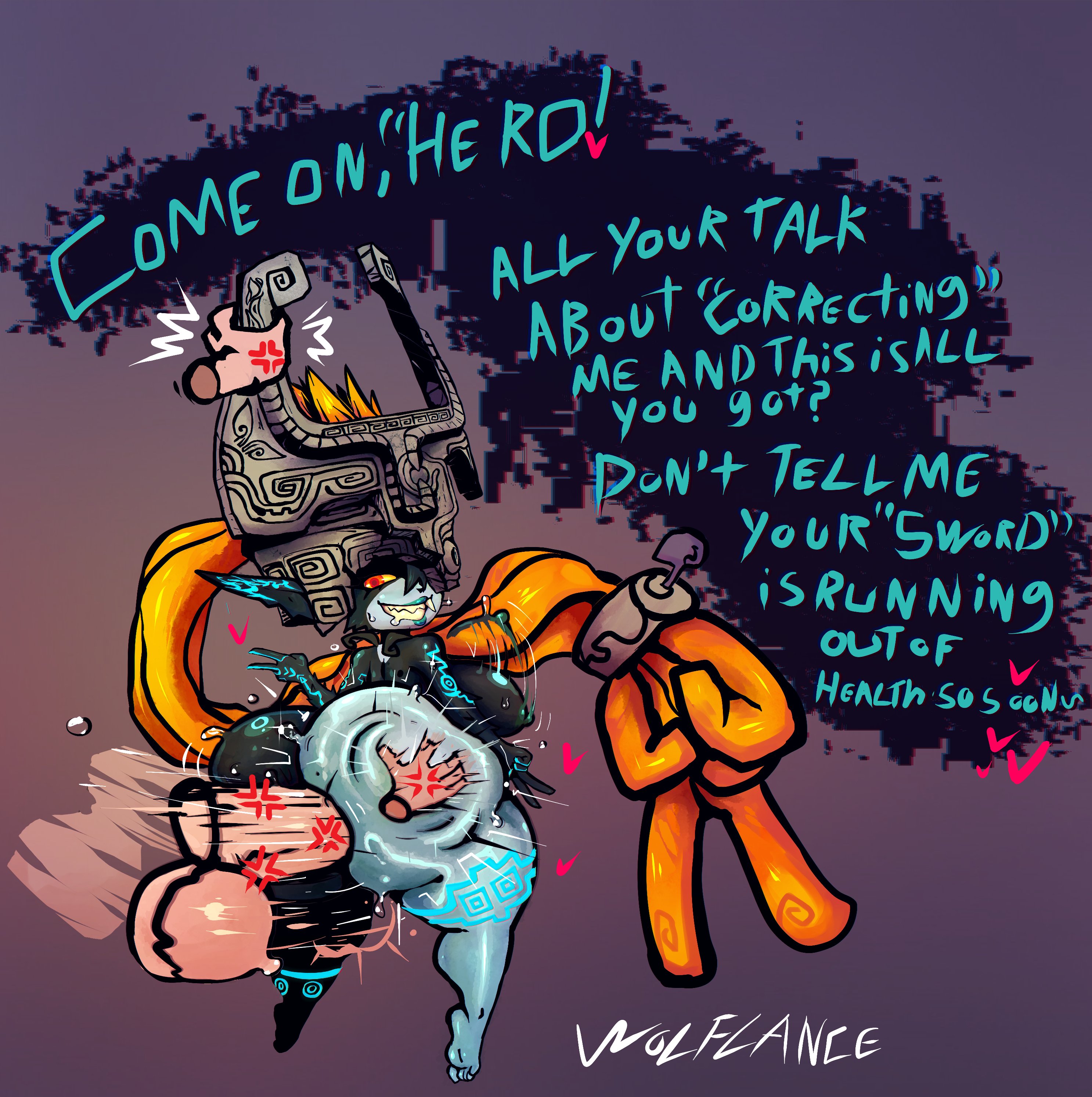 1boy, 1girls, anal, anal sex, ass, bouncing breasts, dialogue, drooling, female, grin, gritted teeth, imp midna, looking back, male, midna, nintendo, nude, pointy ears, red eyes, shortstack, spanking, spanking ass, text, the legend of zelda, thick thighs, twilight princess, v, wolflance