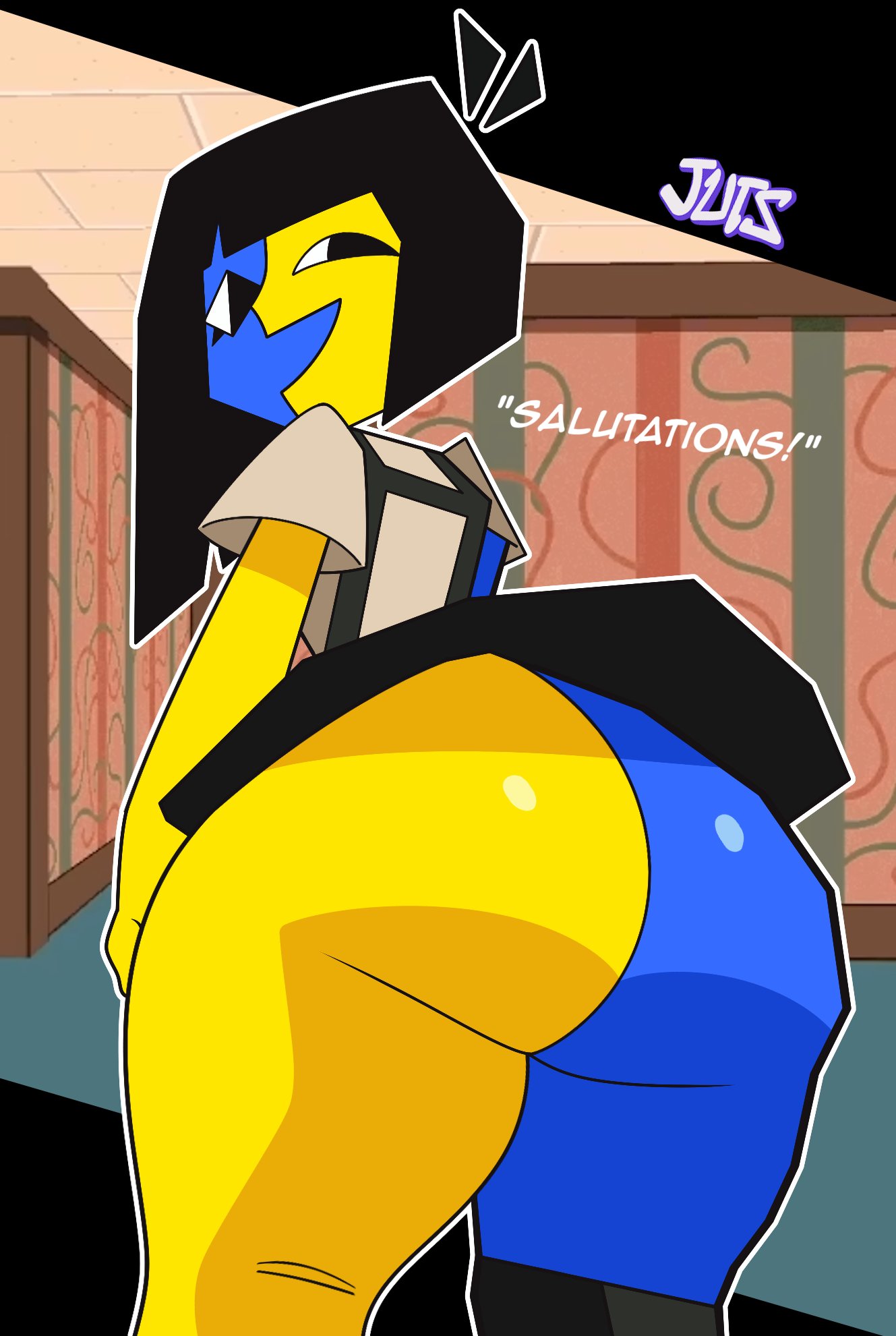 1girls, ass, ass focus, big ass, big thighs, black hair, clothing, ena, ena (orginal), ena (series), from behind, from below, jutsapostion, looking back, multicolored body, polygonal, rear view, solo, tagme, thick thighs, thighs, upskirt
