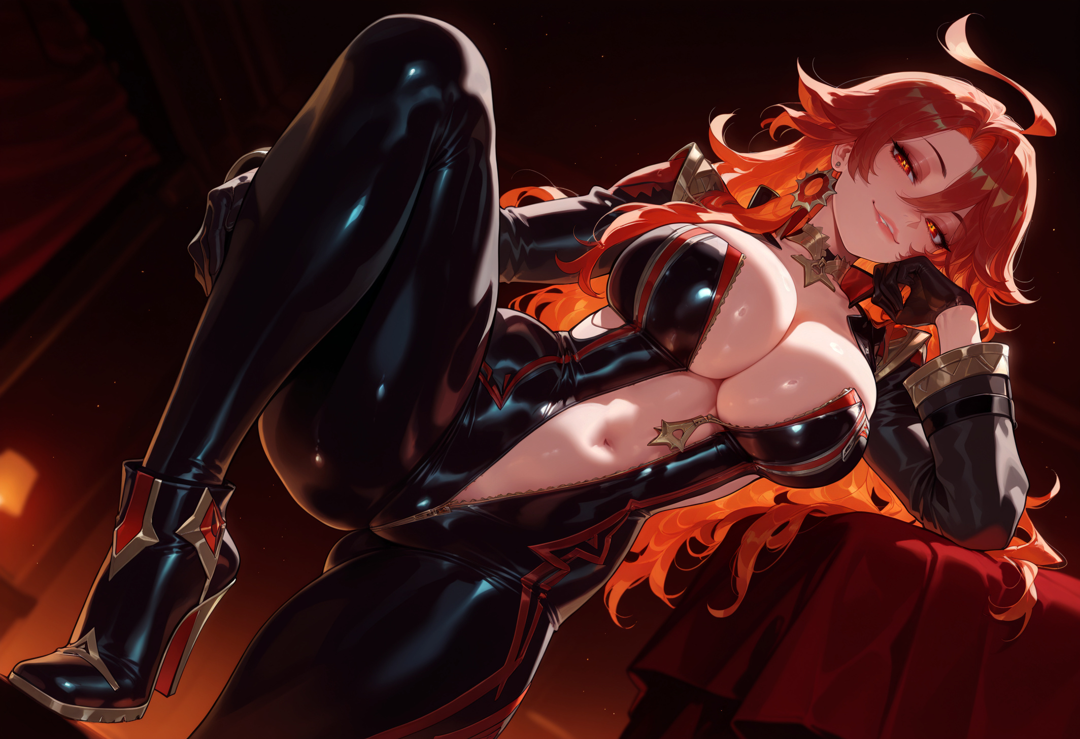 1girls, ahoge, ai generated, ass visible through thighs, balecxi, bangs, biker clothes, bikesuit, black bodysuit, black footwear, black gloves, bodysuit, boots, breasts, center opening, choker, cleavage, clothing, curvaceous, curvaceous female, curvaceous figure, curvy, curvy figure, earrings, female, female focus, female only, footwear, from below, genshin impact, gloves, grin, hair between eyes, high heel boots, high heels, hoop earrings, indoors, inviting, jewelry, large breasts, latex, long hair, long sleeves, looking at viewer, mavuika (genshin impact), navel, neck ring, open bodysuit, parted lips, partially unzipped, plunging neckline, presenting, presenting ass, presenting breasts, presenting hindquarters, presenting pussy, presenting self, red eyes, red hair, seductive, seductive look, seductive smile, shoes, smile, solo, standing, standing on one leg, stomach, thighs, unzipped, voluptuous, voluptuous female, zipper