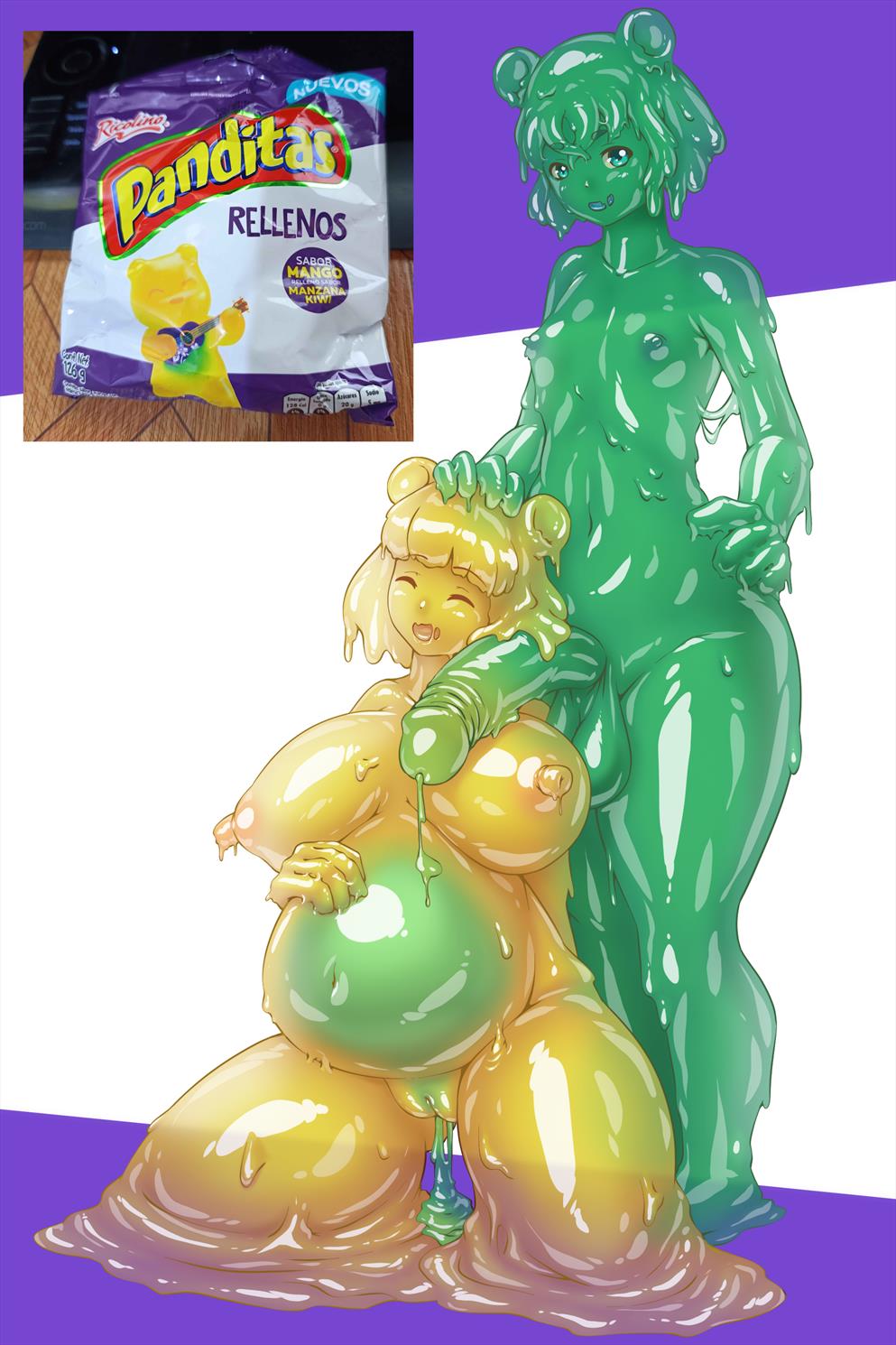 after_sex animal_ears animal_humanoid balls bangs bear belly big_belly big_breasts big_penis blunt_bangs bodily_fluids breasts candy closed_eyes colored_cum cum cum_drip cum_from_vagina cum_in_vagina cum_inside dessert dot_nose dripping duo erect_nipples excessive_cum excessive_genital_fluids female femboy food food_creature genital_fluids genitals goo_creature goo_humanoid green_body green_cum green_goo gummy_(food) gummy_bear_(food) hair hand_on_another's_head hand_on_own_belly hi_res humanoid inflation kneeling living_candy male male/female mammal mammal_humanoid medium_hair navel nipples nude otocai penis pseudo_hair reference_image reference_inset short_hair smile standing translucent translucent_body unusual_bodily_fluids unusual_cum unusual_genital_fluids ursid_humanoid vulva yellow_body yellow_goo