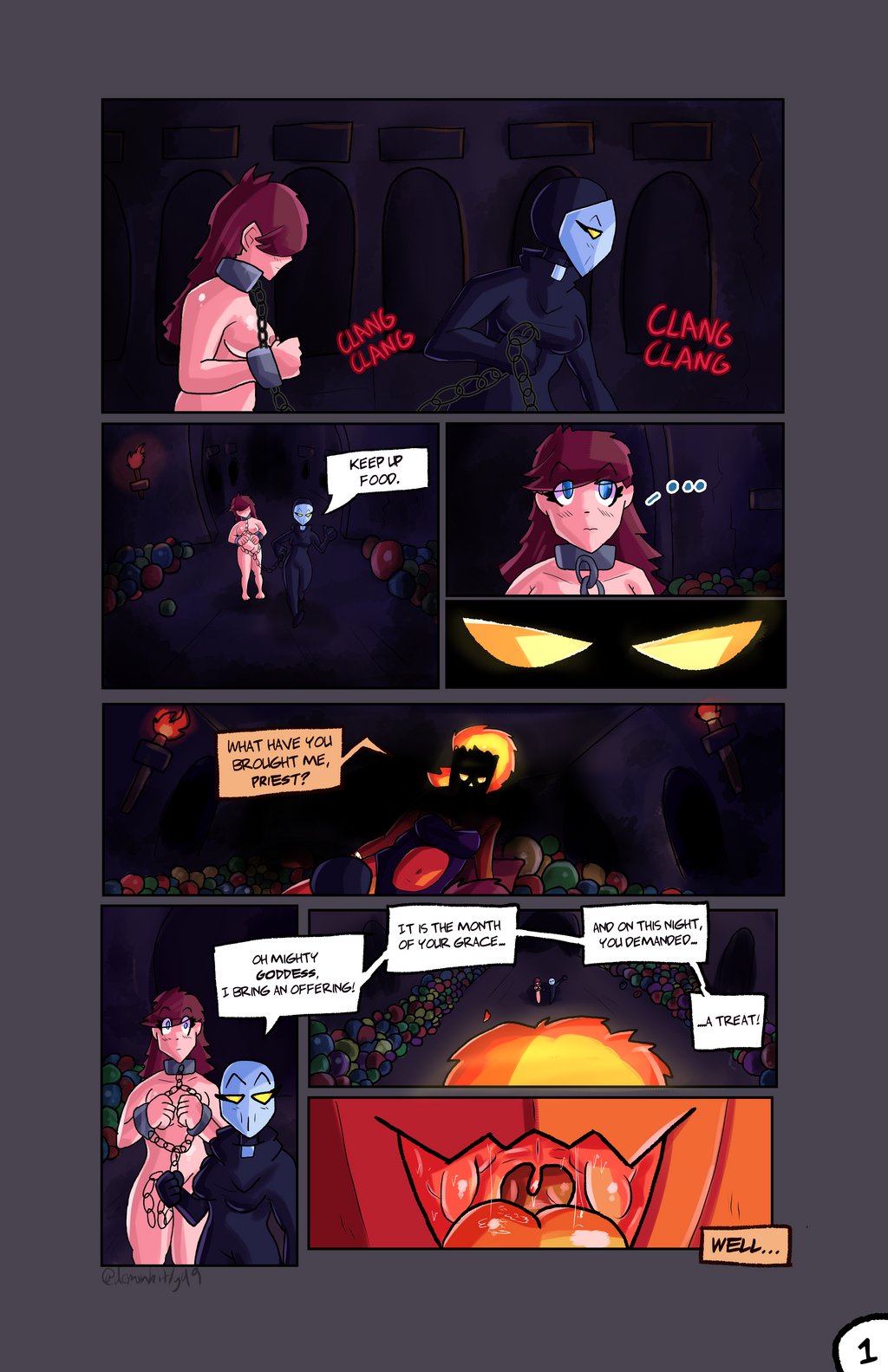 2d 2d_(artwork) 2d_artwork 3girls anthro belly black_clothing black_nails blue_eyes breasts brown_hair castle_background chain_leash chained_collar chained_up chained_wrists chains collar comic comic_page cuffs demonkitty demonkitty99 dialog dialogue dialogue_bubble dungeon dungeon_background female female_anthro female_focus female_human female_monster female_only fully_clothed fully_clothed_female fully_naked fully_naked_female fully_nude fully_nude_female giantess giantess_vore goddess gold_bracelet gold_jewelry halloween hips human human_female inside_mouth jackie_(demonkitty) leash leash_and_collar leashed_collar leashed_female long_nails lying lying_on_floor macro macro_female macrophilia mask masked masked_female mawshot metal_chain metal_collar metal_cuffs micro_female monster monster_girl mouth mouth_play mouth_shot naked naked_female nude nude_female oc open_mouth orange_body orange_breasts orange_hair orange_mouth orange_skin orange_tongue original_character pred predator/prey prey priest pumpkin_girl pumpkin_head saliva saliva_string salivating sharp_nails sharp_teeth size_difference size_fetish slave slave_collar slave_girl thick thighs tongue tongue_out vore vore_comic white_skin willing_female willing_pred willing_prey willing_vore wrist_cuffs yellow_eyes