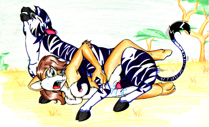 anthro breast_grab breasts brown_hair closed_eyes crying equine erection feline female fur furry green_eyes hair hooves lion lioness male nipples penis pussy rape sex straight taur tierafoxglove zebra