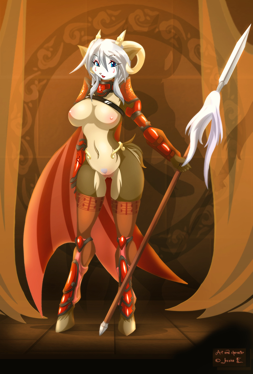 animal_ears armor cape female full-length_portrait full_length hooves horns jessica_elwood matypup nude portrait pubic_hair solo standing stockings warrior