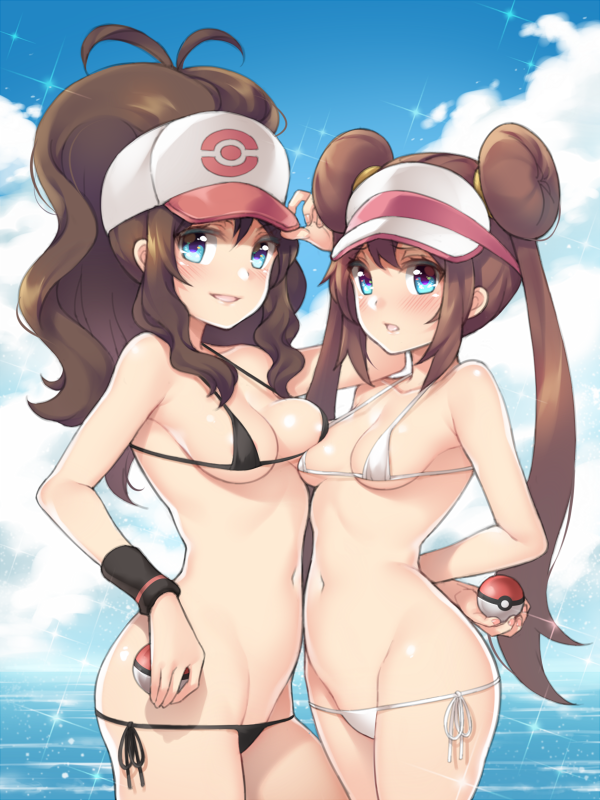 2girls, asymmetrical docking, bad id, baseball cap, bikini, blue eyes, breast press, breasts, brown hair, double bun, female, female only, fuya (tempupupu), hat, hilda (pokemon), hips, long hair, lowleg, lowleg bikini, micro bikini, multiple females, multiple girls, navel, nintendo, poke ball, pokemon, pokemon bw, pokemon bw2, rosa (pokemon), side-tie bikini, sideboob, small breasts, standing, swimsuit, tied hair, twintails, underboob, very long hair, visor cap, wristband