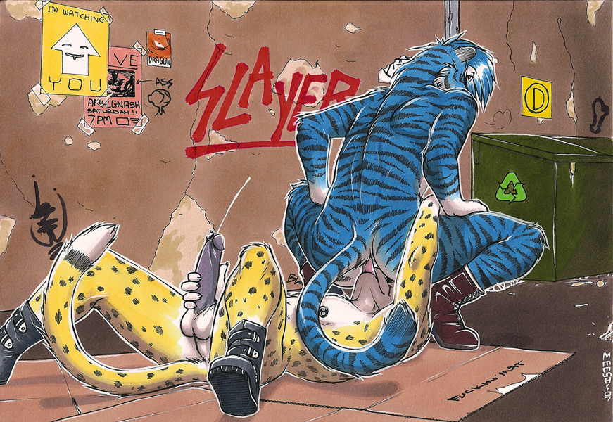 2boys anal anal_sex anthro blue boots cheetah cum facesitting feline fur furry gay male male_only masturbation meesh no_humans nude oral penetration rimming shockwave slayer tiger traditional_media_(artwork) yaoi