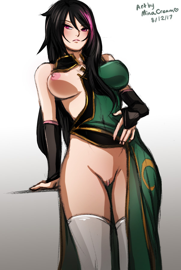 areolae, breasts, casual, dress aside, female, female lie ren (rwby), female only, genderswap, genderswap (mtf), human, lie ren, looking at viewer, minacream, nipple bulge, nipples, no bra, no panties, one breast out, pussy, rule 63, rwby, solo, thighhighs