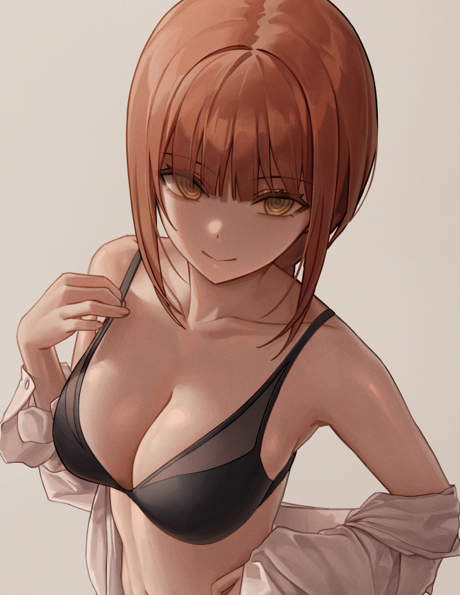 1girls, bra, braided ponytail, breasts, chainsaw man, eye contact, female, female focus, female only, hinaki0102, light skin, long hair, looking at viewer, makima (chainsaw man), pinup, red hair, smile, solo, undressing, upper body, yellow eyes