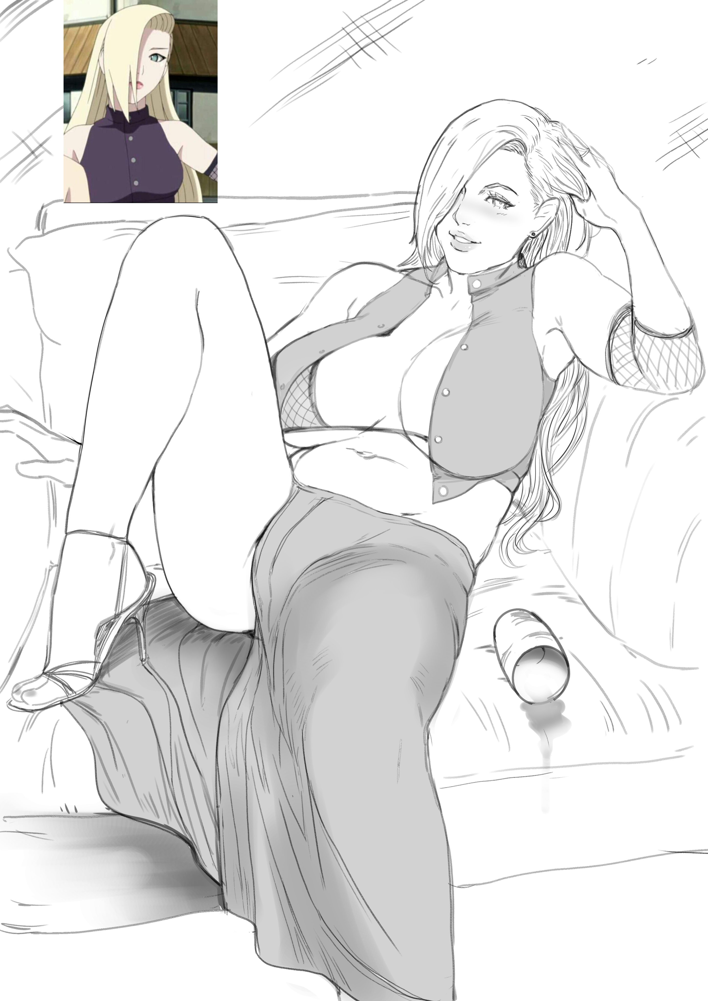 1girls, bare legs, bare thighs, big breasts, blush, breasts, chubby, cleavage, crop top, dress, drunk, female, hair over one eye, heels, high heels, ino yamanaka, jnsdh, long skirt, lying, lying on back, monochrome, naked footwear, naruto, naruto (series), naruto shippuden, naruto: the last, open clothes, playing with hair, reclining, shirt, sitting, sitting on couch, sleeveless, sleeveless shirt, slightly chubby, solo, solo focus, spread legs, underwear, voluptuous