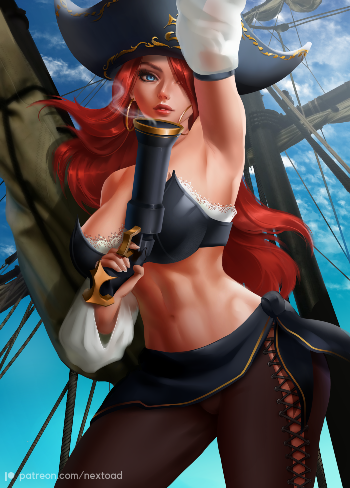 1girls abs armpits athletic athletic_female big_breasts female female_only gun hat league_of_legends light-skinned_female light_skin miss_fortune nextoad pirate pirate_hat red_hair thick_thighs weapon