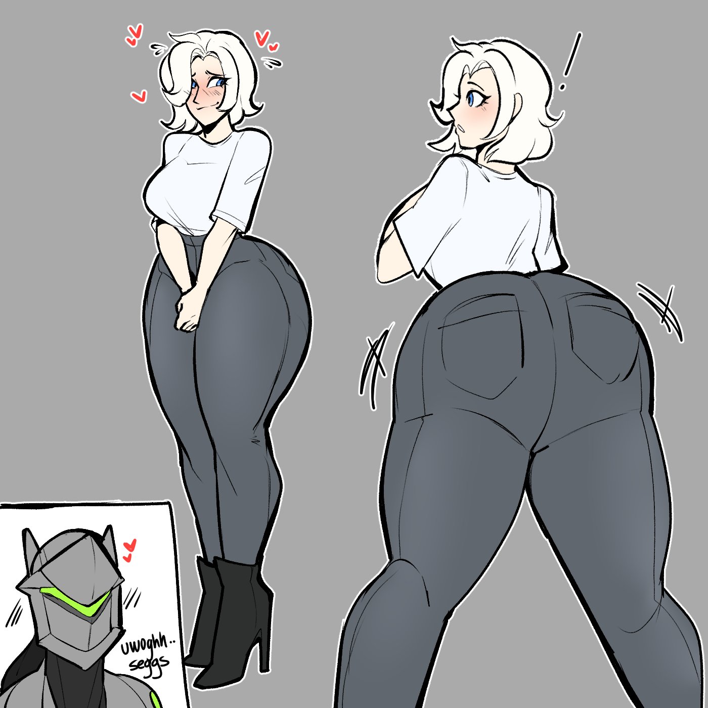 1girls, ass, blue eyes, bluueygooey, boots, breasts, denim, denim bottomwear, denim clothing, denim jeans, female, female focus, genji, high heel boots, high heels, high-waist pants, huge ass, jeans, large breasts, medium hair, mercy, overwatch, pants, shirt, shy, solo focus, white hair