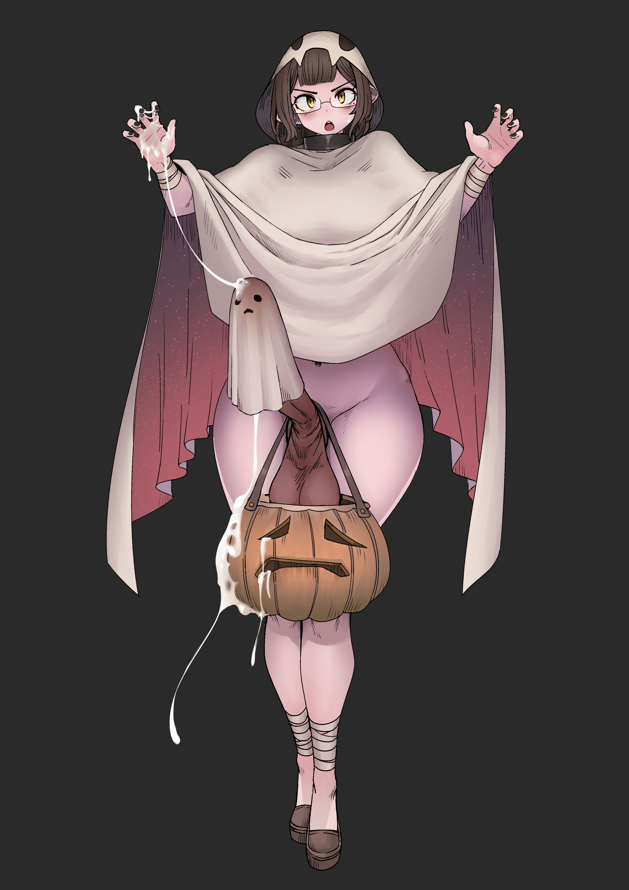 1futa, balls, bedsheet, bedsheet ghost, bedsheets, big balls, big penis, big testicles, bottomless, breasts, brown hair, clothed, clothing, costume, cum, cumshot, ejaculation, erection, eye contact, futa only, futanari, genitalwear, ghost costume, glasses, halloween, hands-free, huge cock, human, intersex, large penis, light skin, light-skinned futa, long hair, looking at viewer, mistimagi, mistimagi (character), original character, outerwear, partially clothed, penis, sheet, sheet ghost, sheets, solo, standing, testicles, thick thighs, thighs, wide hips, yellow eyes