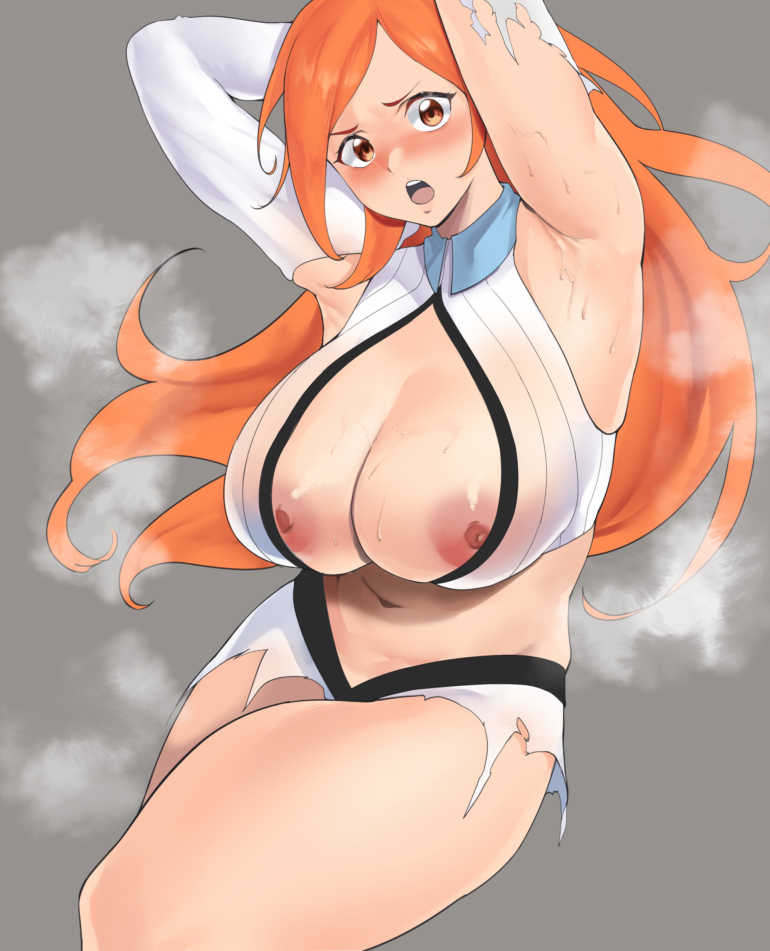 1girls, about to burst, areolae, armpits, arms up, barely contained, barely contained breasts, barely fits, bleach, bleach: the thousand-year blood war, blush, breasts, breasts too big, bursting breasts, cleavage, female, huge breasts, imminent wardrobe malfunction, inconvenient boobs, inconvenient breasts, inoue orihime, light skin, light-skinned female, long hair, nipples, orange hair, solo, steam, steaming body, straining clothing, sweat, sweaty body, tight clothes, tight clothing, tight fit, too tight, torn clothes, undersized clothes, undersized clothing, yotahen