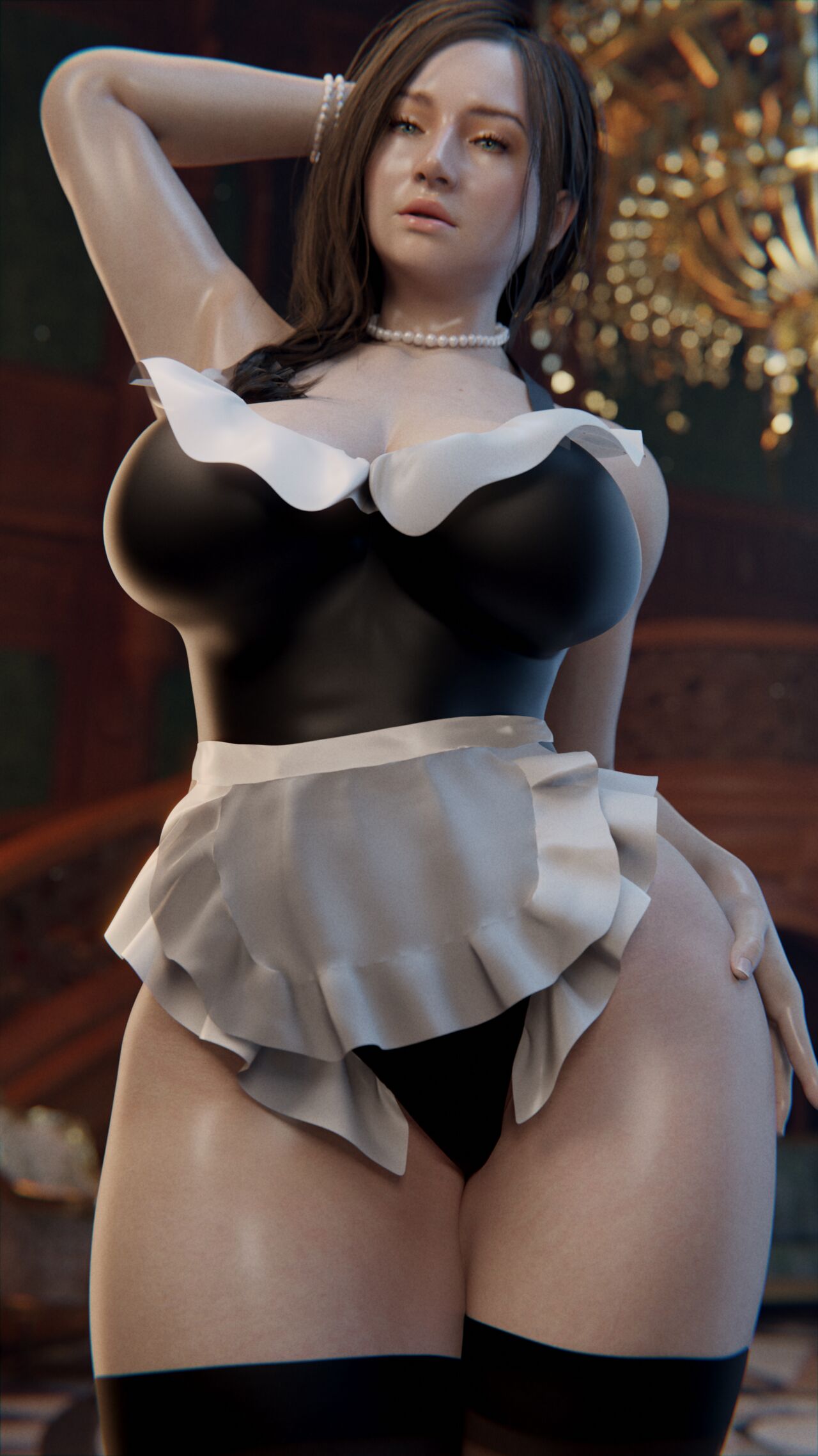 1girls, 3d, 3d (artwork), ass, athletic, athletic female, big ass, big breasts, big butt, blender, blender (software), breasts, brown hair, bubble butt, busty, capcom, female, hourglass figure, huge breasts, large breasts, light skin, light-skinned female, maid, maid apron, maid outfit, maid uniform, mia winters, milf, pervertmuffinmajima, resident evil, resident evil 8: village, thick, thick ass, thick thighs, wide hips