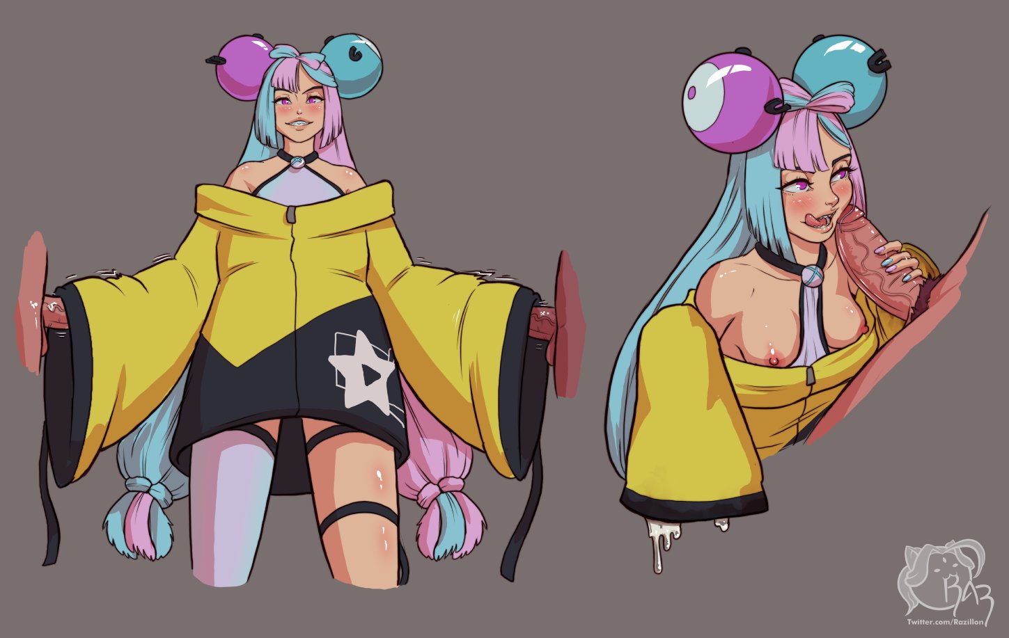 1girls, 3boys, blue hair, blush, cum, female, game freak, gym leader, hair ornament, handjob, human, human only, iono (pokemon), light skin, light-skinned female, long hair, long sleeves, magnemite, magnemite hair clips, male, multicolored hair, nintendo, nipples, open mouth, partially clothed, penis, penis on face, pink eyes, pink hair, pokemon, pokemon sv, razillon, smile, standing, twintails, two-tone hair