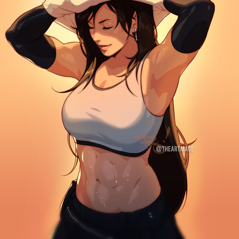 1girls, abs, armpits, arms behind head, athletic, athletic female, big breasts, breasts, brown hair, busty, cleavage, closed eyes, female, female only, final fantasy, final fantasy vii, final fantasy vii remake, large breasts, long hair, midriff, muscular, muscular female, navel, sexy armpits, skirt, solo, square enix, sweat, tank top, theartmage, tifa lockhart, toned, toned female, undressing
