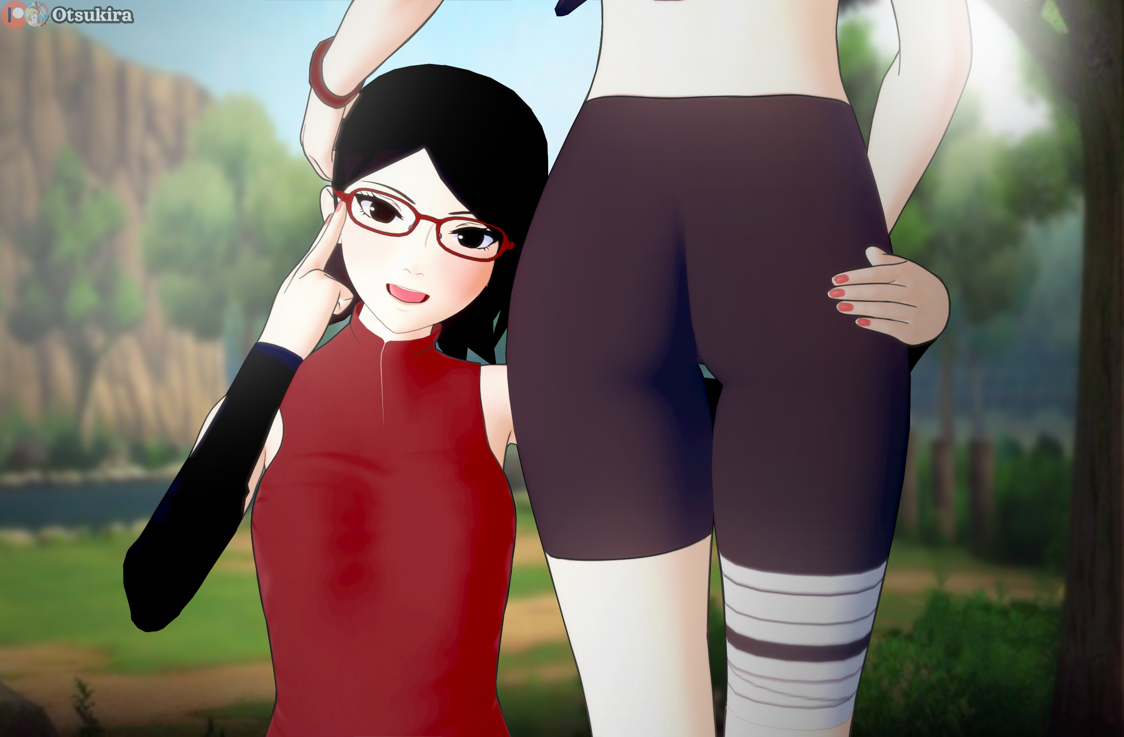2girls, adjusting glasses, ass, bandaged leg, bandages, bike shorts, black hair, blush, boruto: naruto next generations, eyewear, faceless female, female, female focus, female/female, glasses, holding partner, implied yuri, koikatsu, legs together, looking at viewer, lower body, multiple females, multiple girls, naruto, naruto (series), naruto shippuden, nature, nohara rin, otsukira, outdoors, petite, petite body, presenting, presenting ass, presenting hindquarters, presenting partner, sarada uchiha, short hair, sleeveless, sleeveless shirt, spats, tight bottomwear, tight clothing, tight shorts, young, younger female, yuri