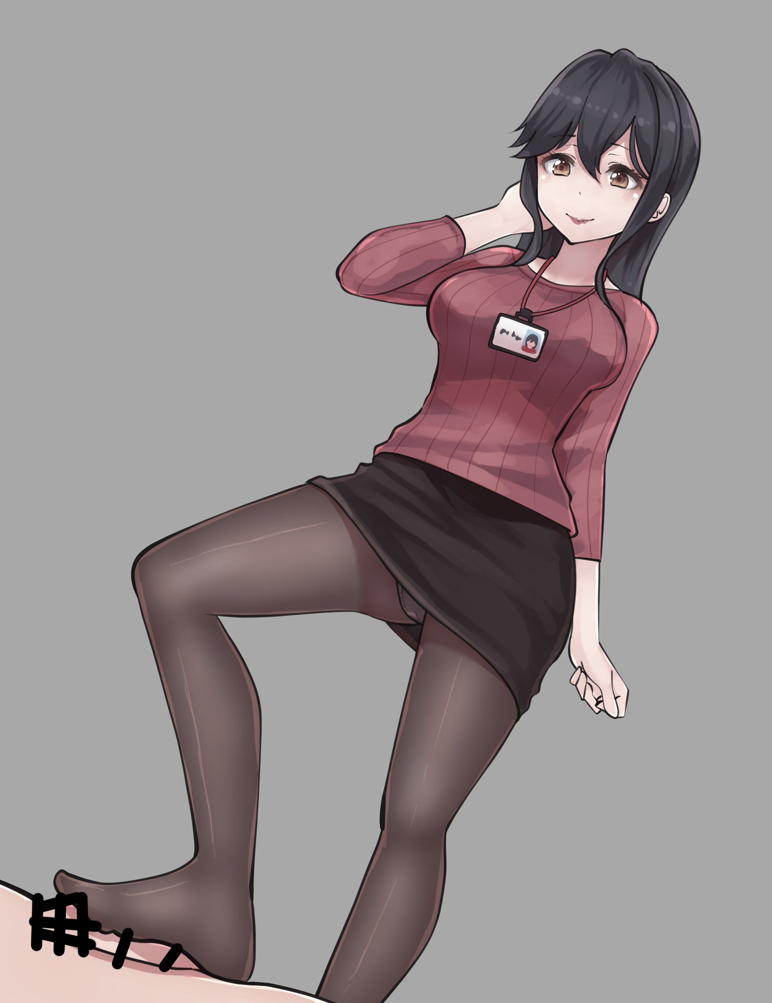 1boy, 1girls, bar censor, black hair, breasts, censor bar, censored, censored penis, eyebrows visible through hair, female, footjob, grey background, kikiu bd, male, medium breasts, panties, penis, simple background, skirt, small penis, thick thighs, thighs