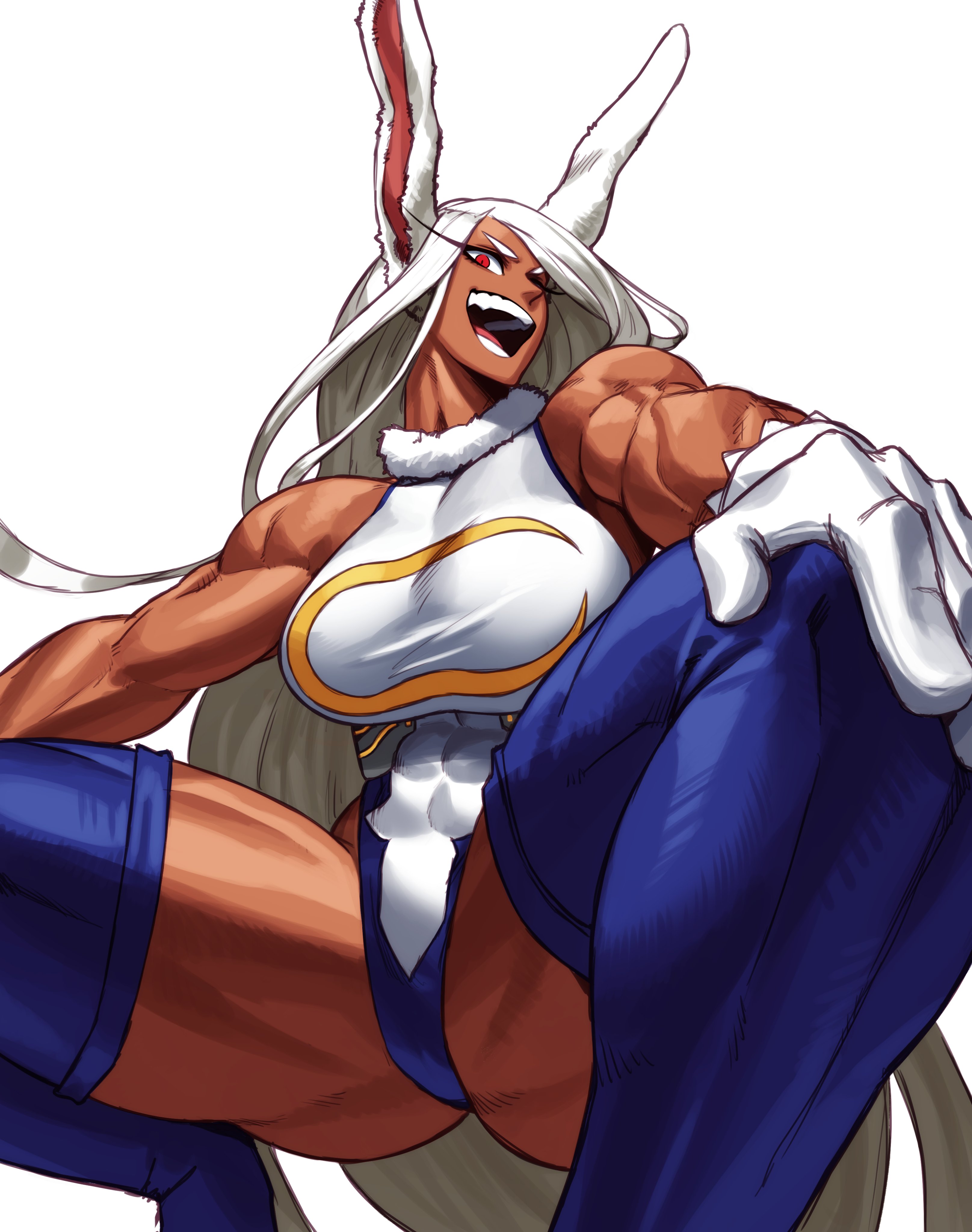 1girls, abs, animal ears, brown hair, bunny ears, bunny girl, dark skin, dark-skinned female, eyelashes, female, female only, fully clothed, leotard, long hair, miruko, my hero academia, open mouth, rabbit ears, red eyes, rumi usagiyama, solo, sotcho, squatting, thick thighs, thighs, white background, white hair