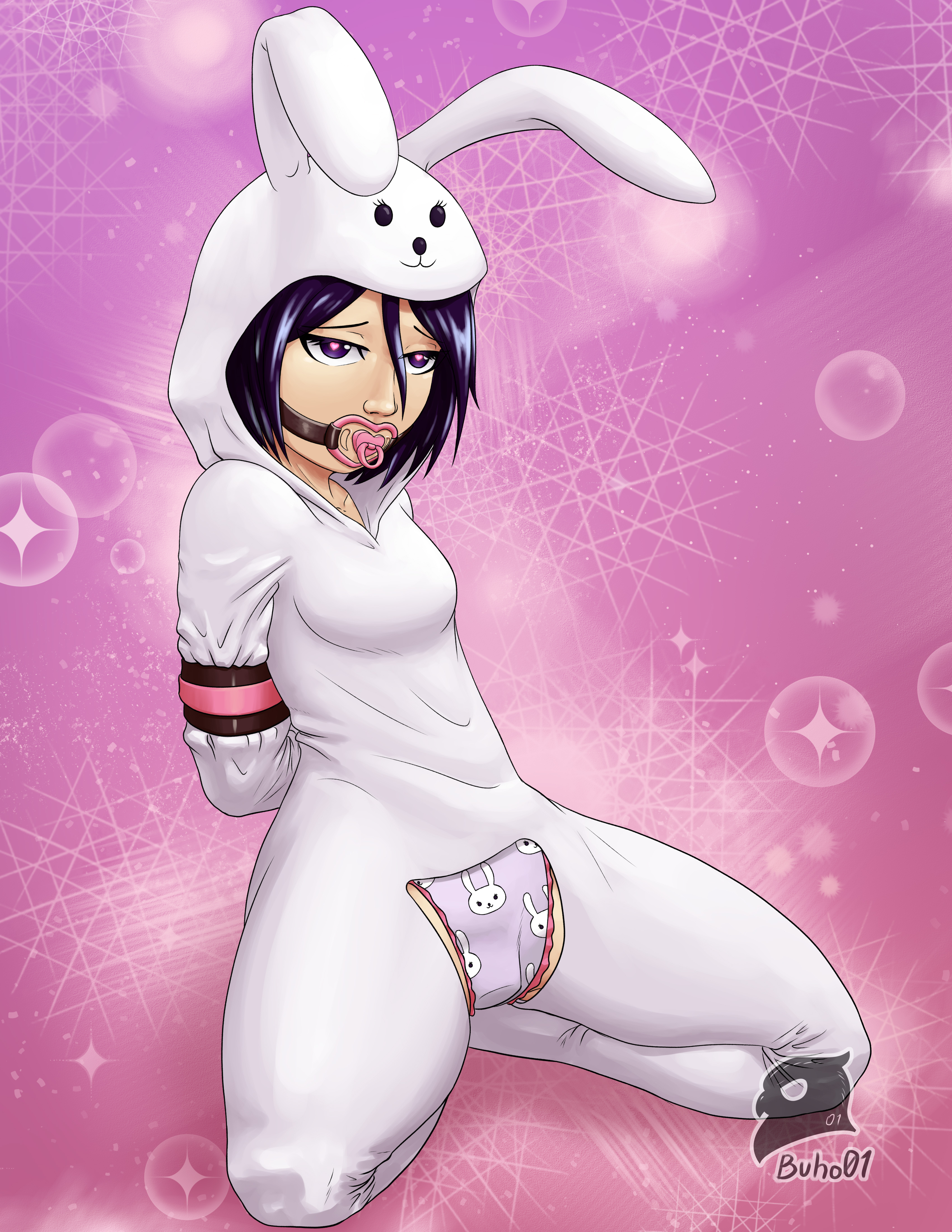 2021, bleach, bondage, bound arms, color, commission, diaper, digital media (artwork), female, female only, heart-shaped pupils, hypnosis, kuchiki rukia, mind control, onesie, pacifier, pacifier gag, panties, shounen jump, vibrator, vibrator in diaper, vibrator under clothes
