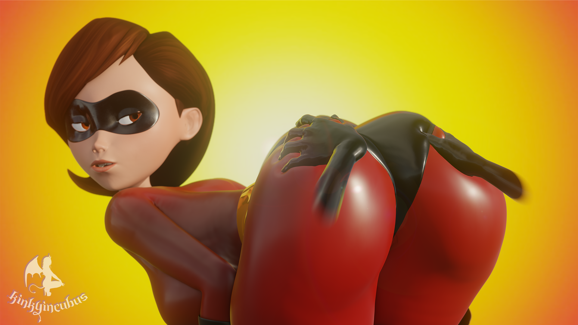 3d, ass, ass focus, ass grab, big ass, blender, bodysuit, boots, brown hair, disney, elastigirl, female, female only, gloves, groping, groping ass, groping from behind, helen parr, invisible, kinkyincubus, large ass, latex, latex suit, mask, mother and daughter, pixar, skin tight, smooth skin, solo focus, superheroine, tagme, the incredibles, the incredibles 2, violet parr, yuri