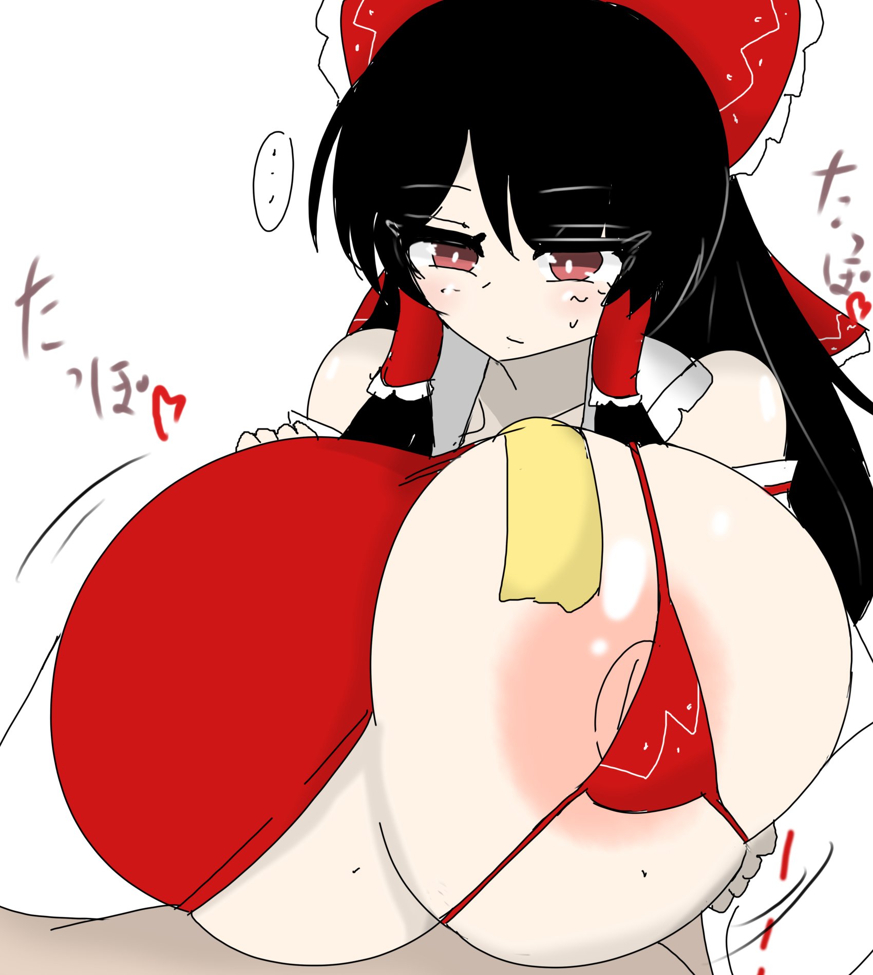 1boy, 1girls, alternate breast size, areolae, arms behind head, big breasts, bikini, bikini top, bimbo, black hair, breast grab, breast hold, breasts, breasts out, color, engulfing paizuri, eyepatch bikini, female, gigantic breasts, hair ribbon, heart, huge breasts, hyper breasts, japanese text, large breasts, looking at partner, looking down, male, massive breasts, motion lines, nipple slip, nipples, open clothes, paizuri, paizuri lead by female, paizuri on lap, red bikini, red bikini top, red swimsuit, reimu hakurei, straight, sweat, swimsuit, text, touhou, translation request, vaba, white background