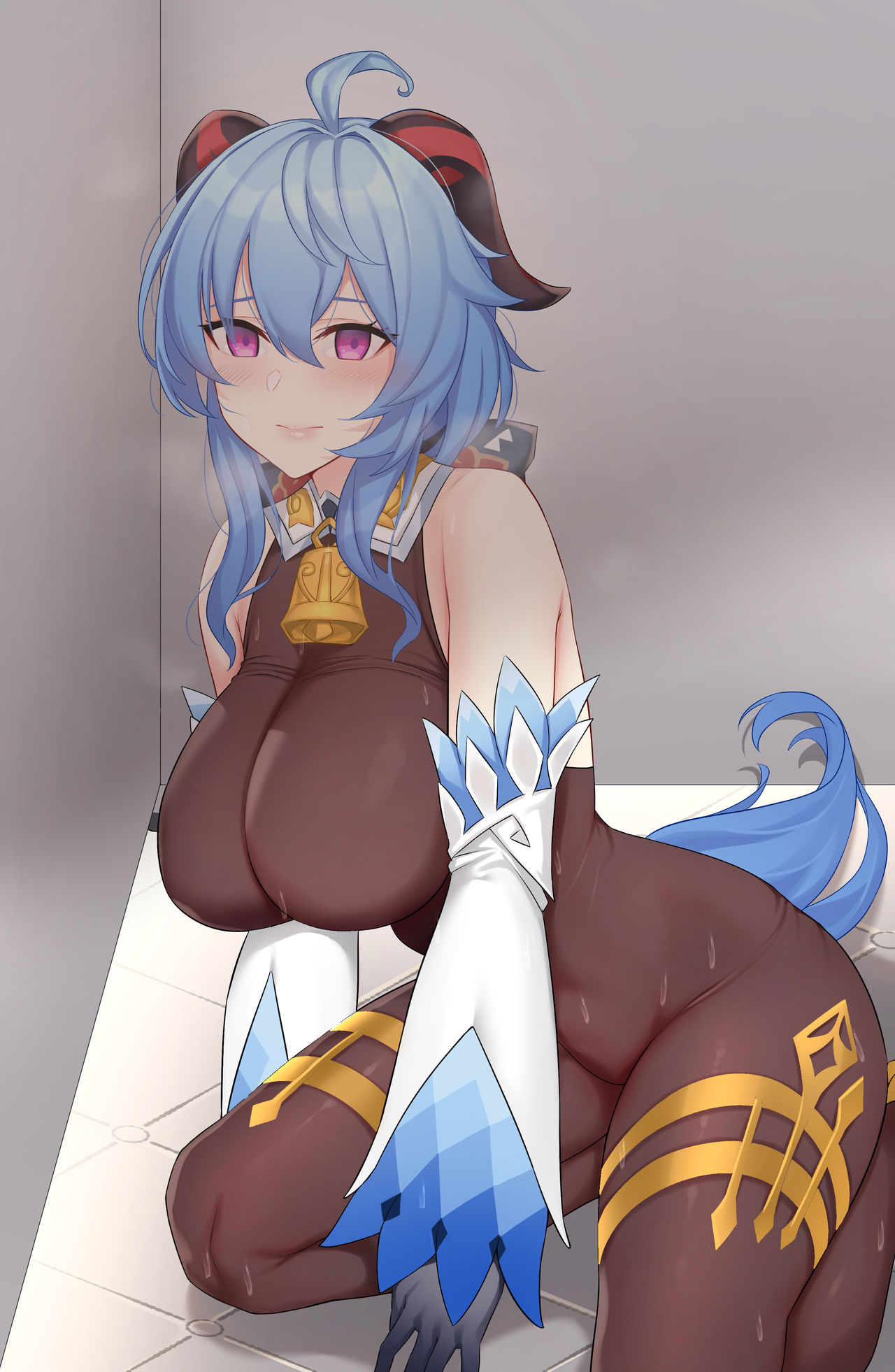 1girls, big breasts, breasts, censored, dragon girl, erection, female, ganyu (genshin impact), genshin impact, heart, heart-shaped pupils, highres, jjanda, solo