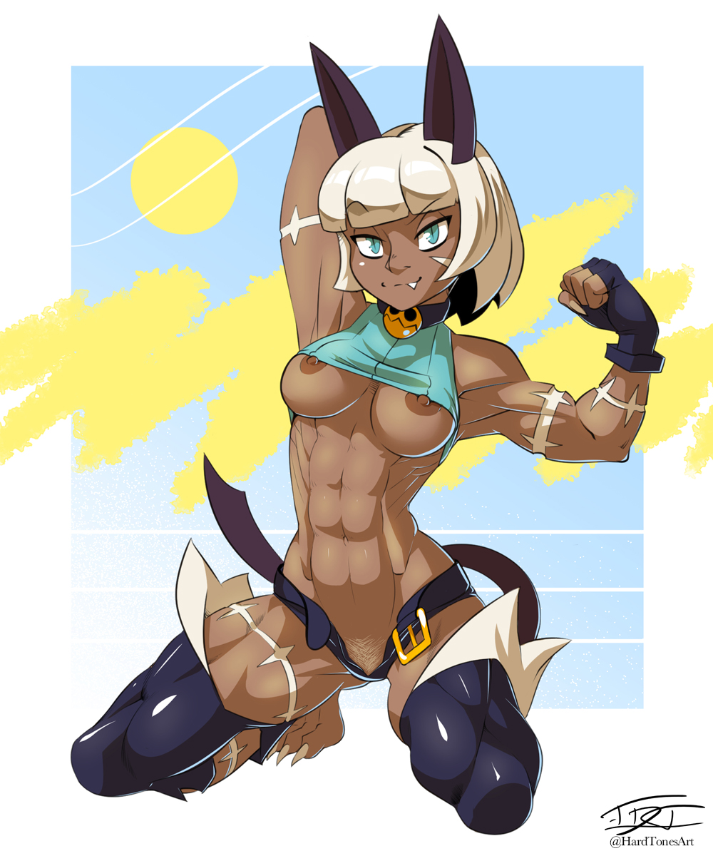 1girls abs belly_button blue_eyes bob_cut breasts cat_ears cat_tail catgirl dark-skinned_female dark_skin fangs female flexing hardtones looking_at_viewer nadia_fortune nipple_slip nipples on_knees open_clothes pubes pubes_exposed scar scars skullgirls smile underboob white_hair