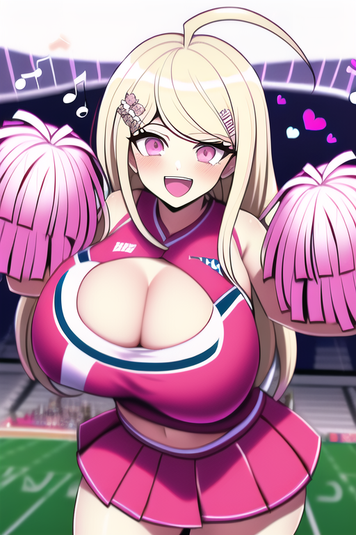 ai generated, akamatsu kaede, big breasts, breasts, cheering, cheerleader, cheerleader uniform, cleavage, danganronpa, danganronpa v3, female, female only, happy, huge breasts, nai diffusion, new danganronpa v3, stable diffusion, tagme, voluptuous